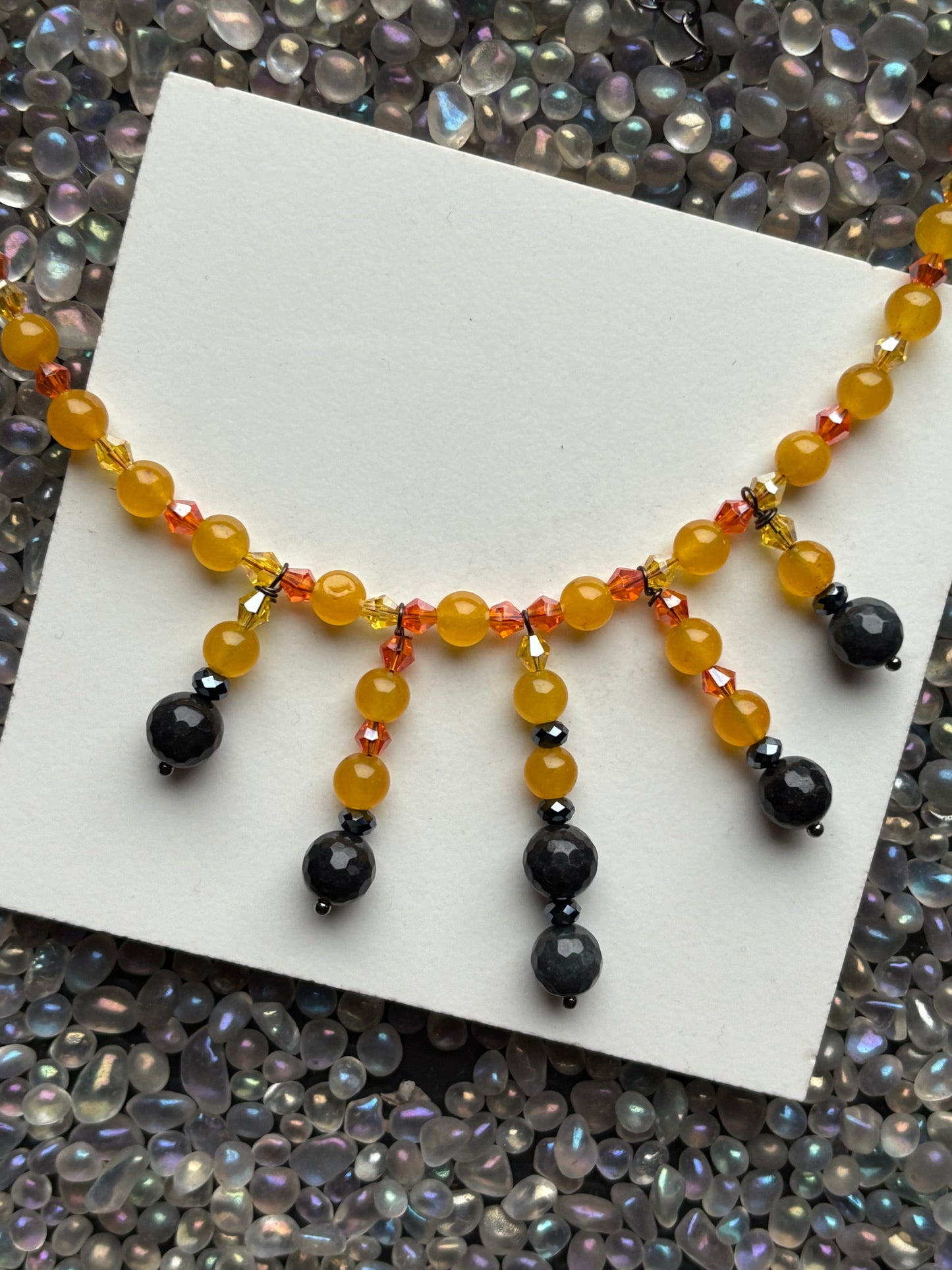 Sunflower - Mango & Black Quartz Crystal Beaded Gemstone Necklace