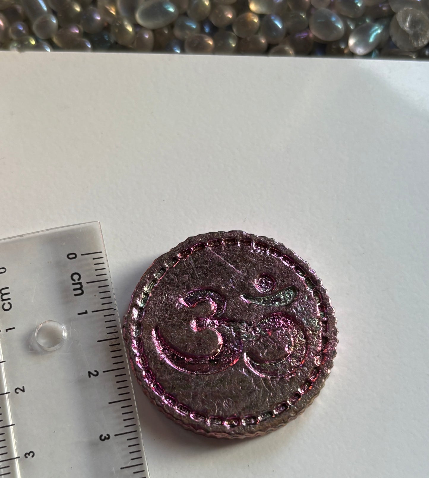 Pink Bismuth Crystal Om Coin Metal Art Sculpture