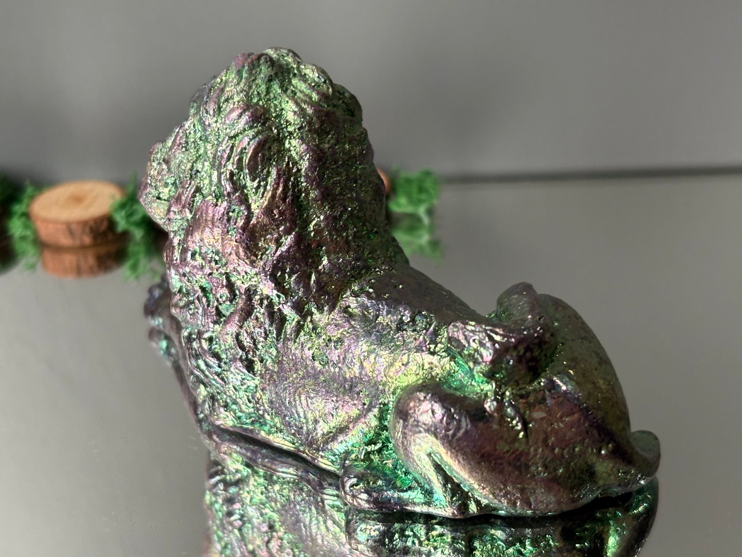 Teal Bismuth Crystal Lion Metal Art Sculpture