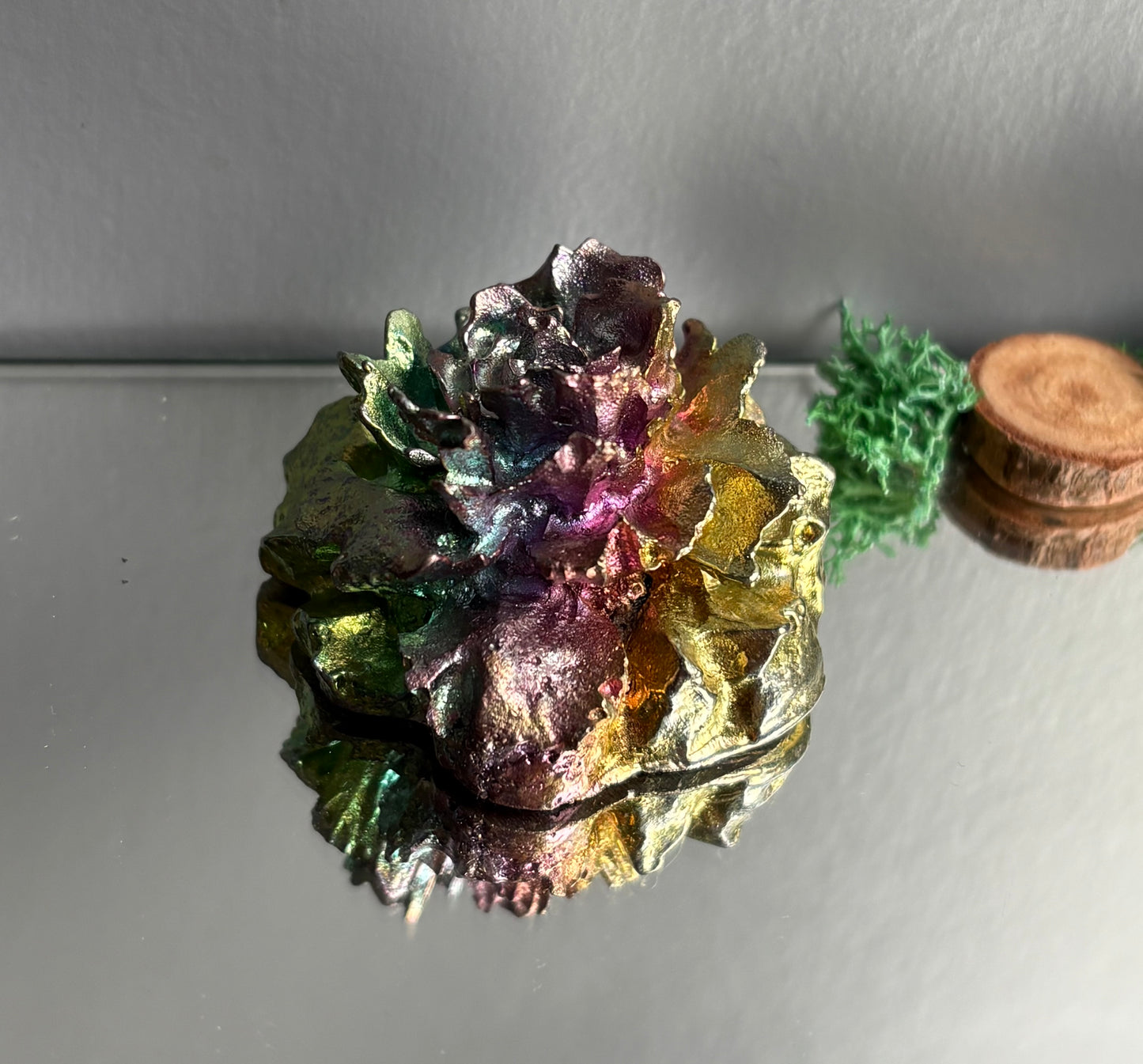 Rainbow Bismuth Crystal Rose Flower Metal Art Sculpture - Small