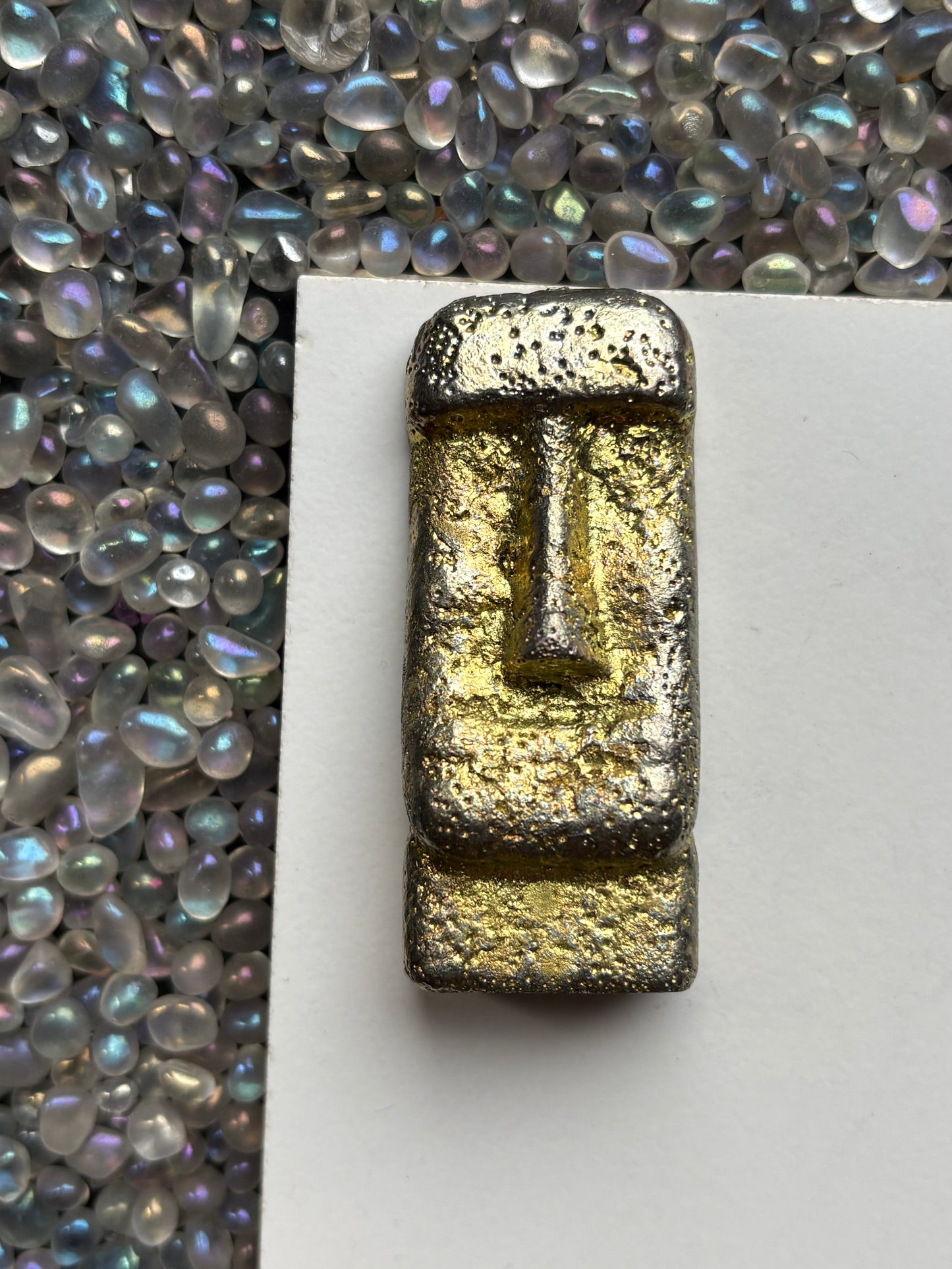 Gold Bismuth Crystal Moai Head Easter Island Metal Art Sculpture