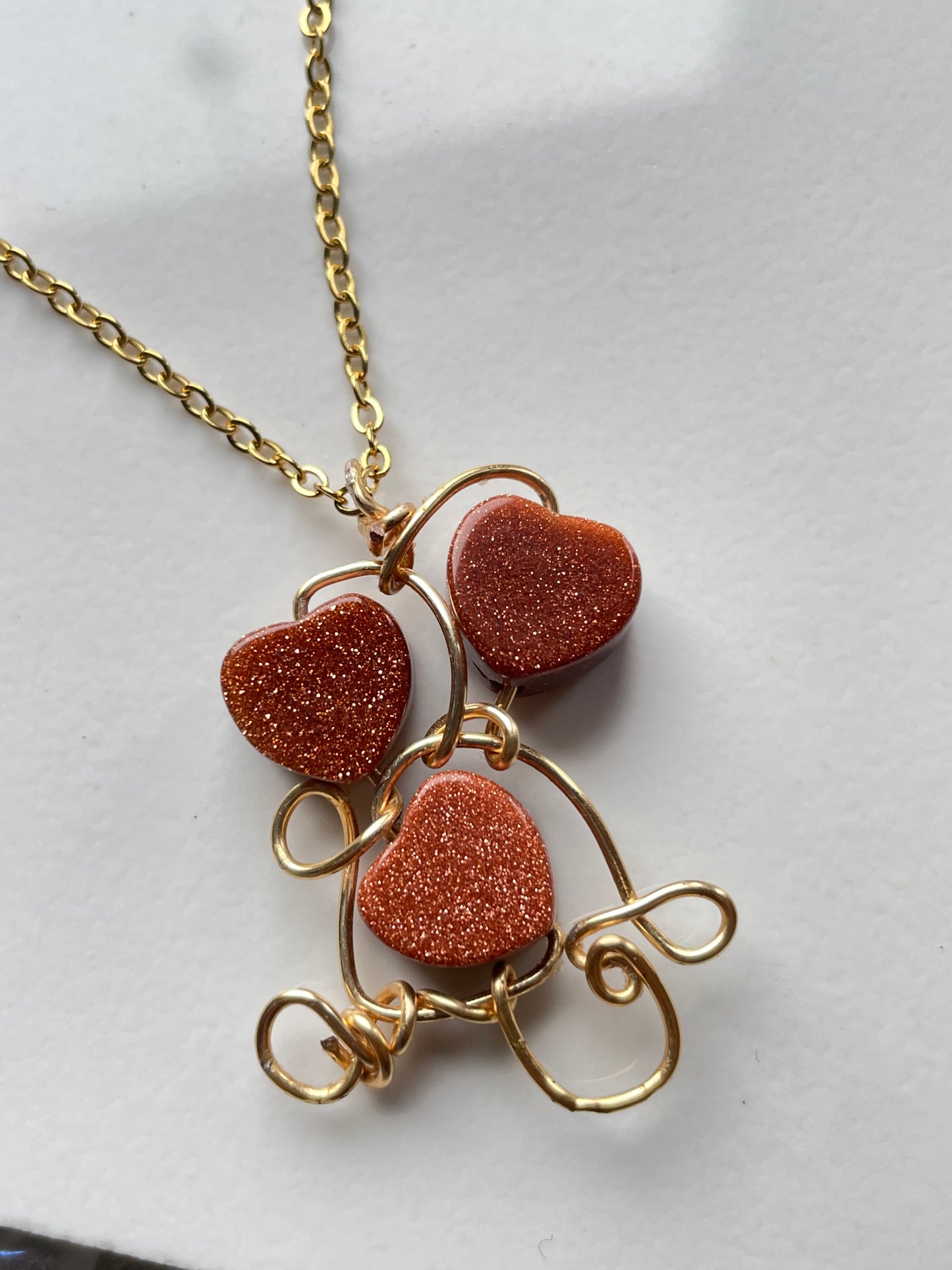 Goldstone Crystal Gemstone Heart Wire Gold Necklace
