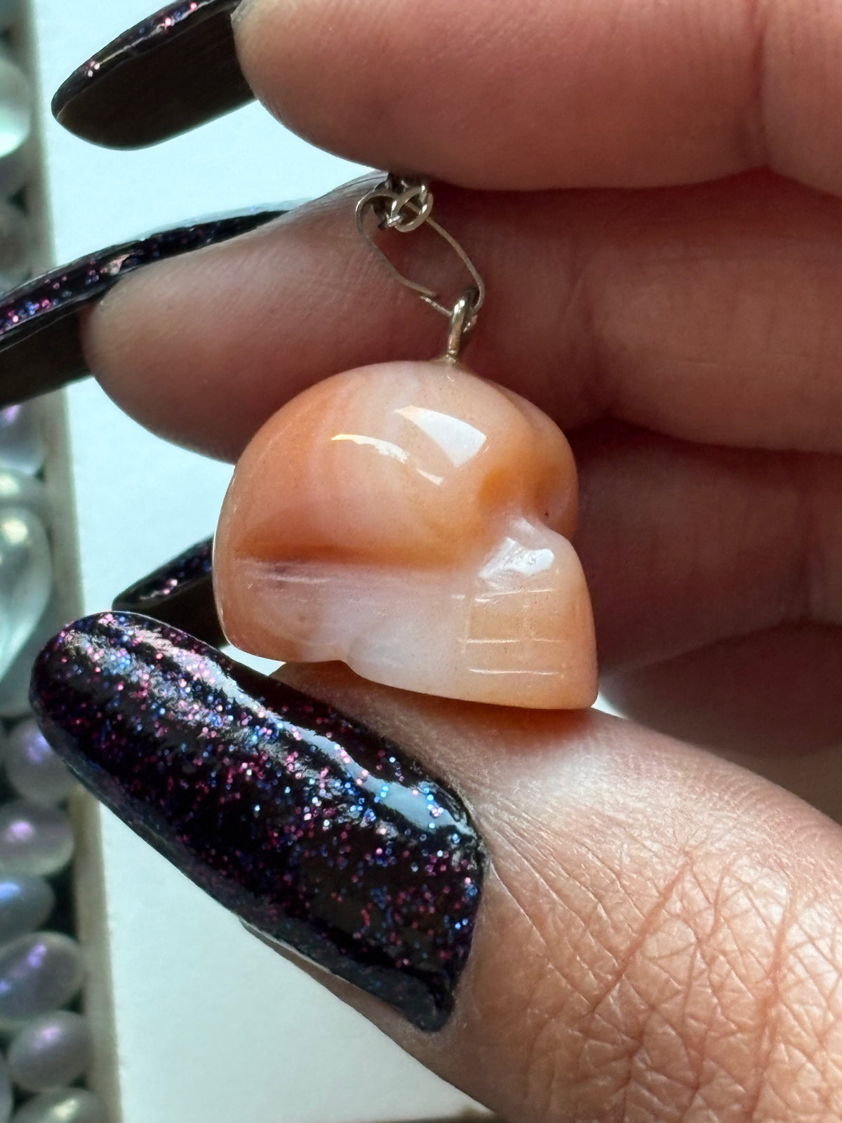 Carnelian Agate Crystal Gemstone Skull Carving Necklace & Tumbled Stone Gift Set