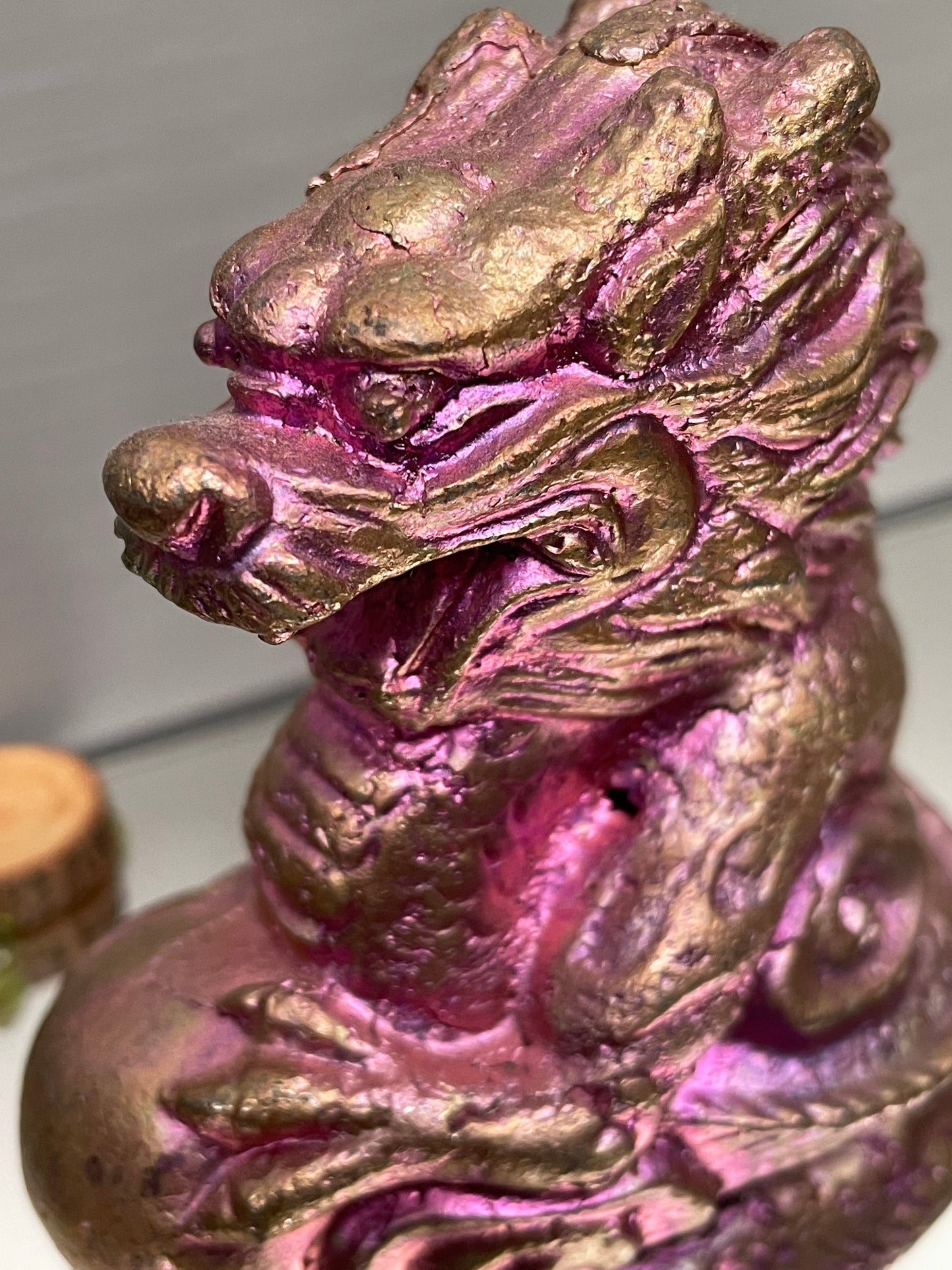 Pink Bismuth Crystal Chinese Dragon Metal Art Sculpture