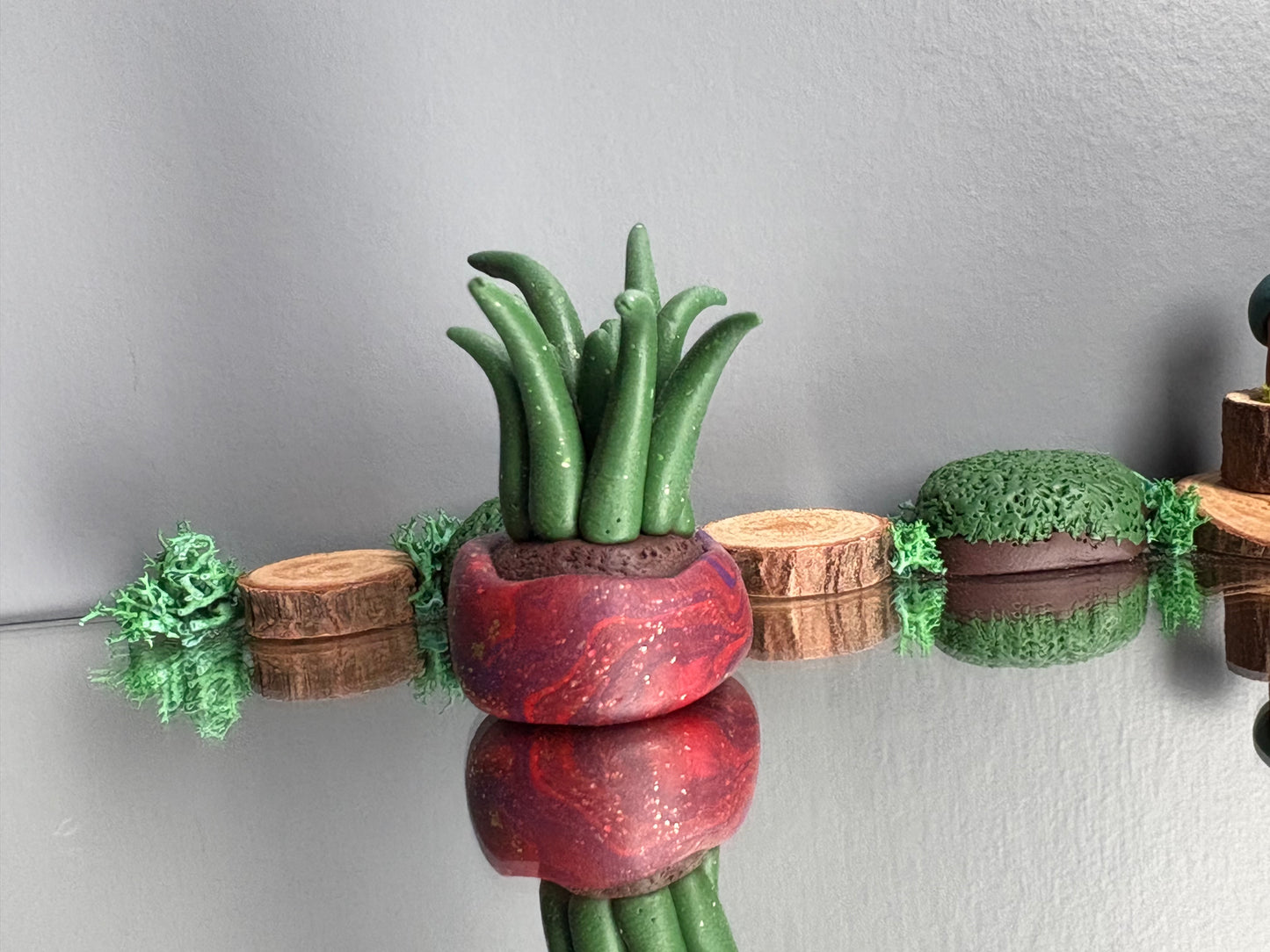 Grassy Potted Plant Clay Sphere Mini Holder - Red Purple Glitter