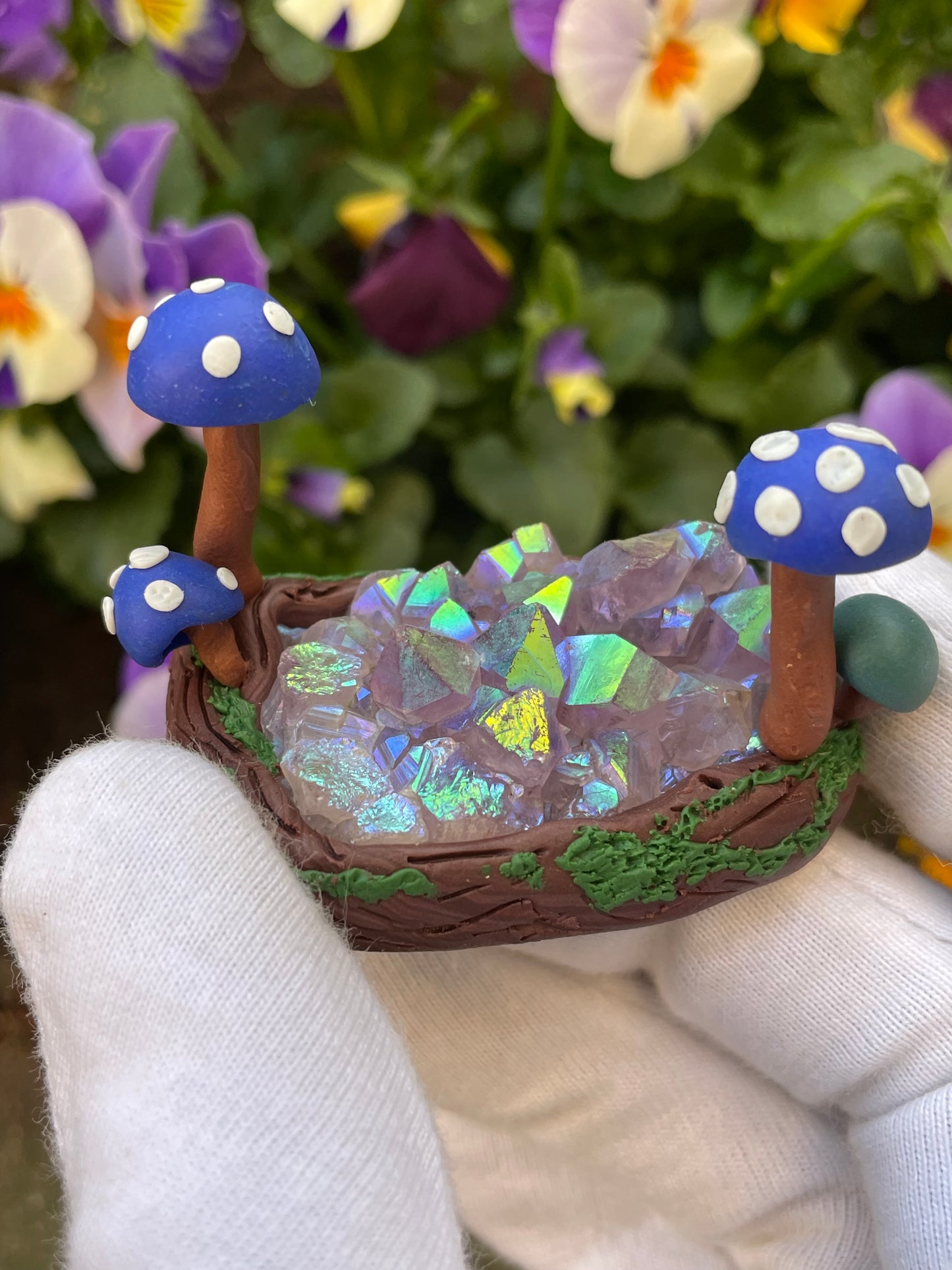 Aura Amethyst Crystal Gemstone Rectangular Cluster - Mini Mushroom Garden