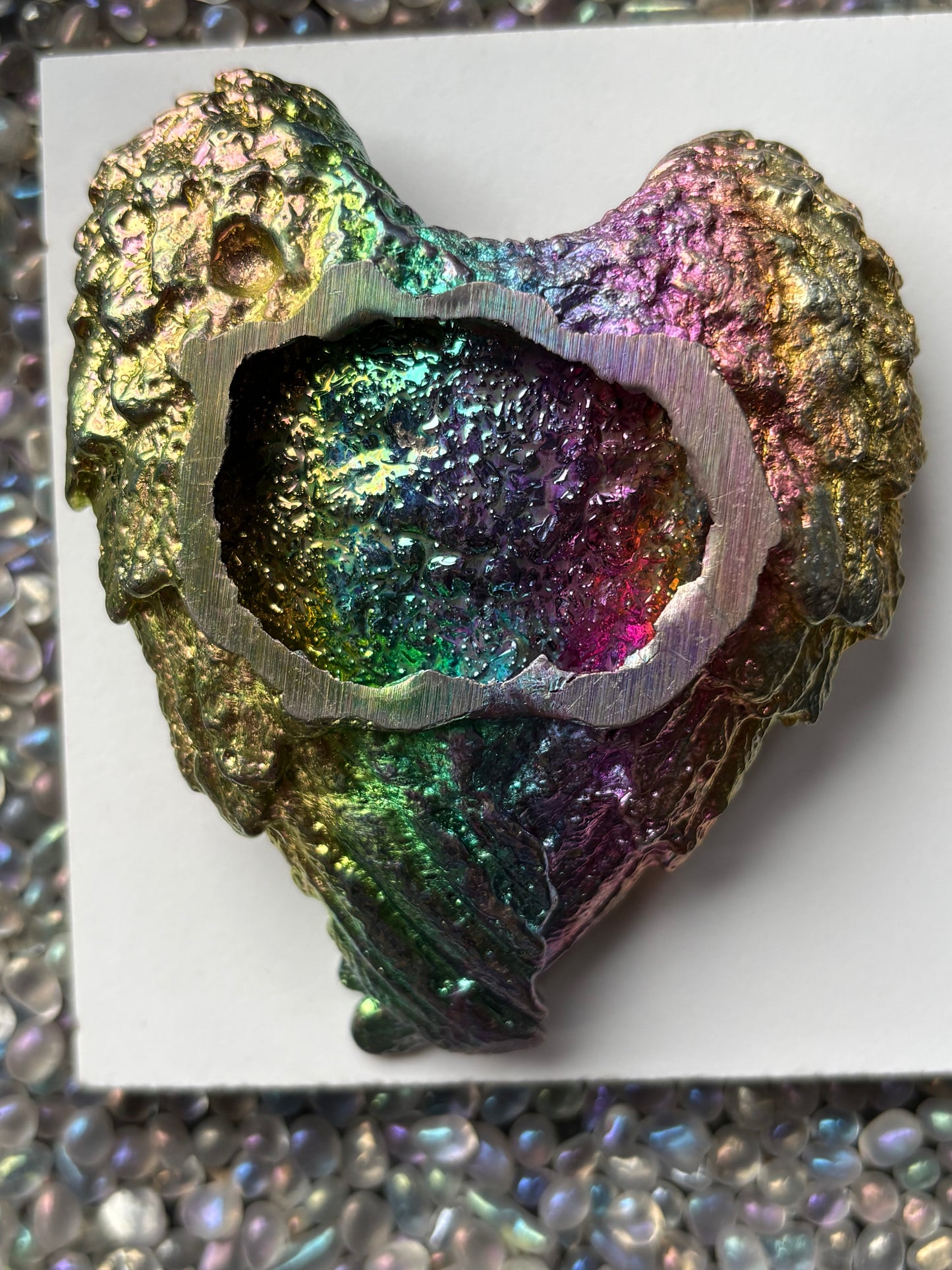 Rainbow Bismuth Crystal Angel Wing Dish / Sphere Holder Metal Art Sculpture