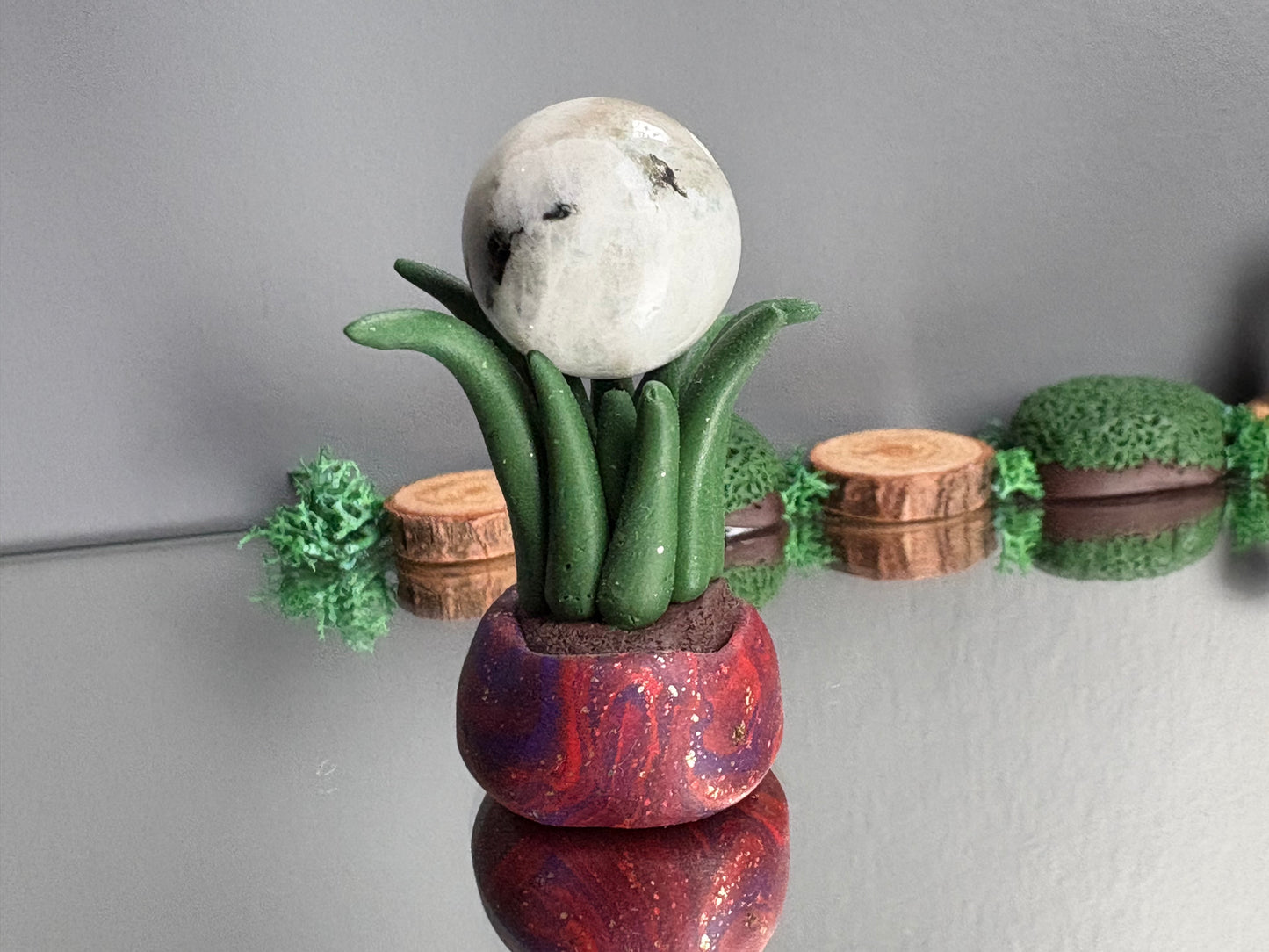 Grassy Potted Plant Clay Sphere Mini Holder - Red Purple Glitter