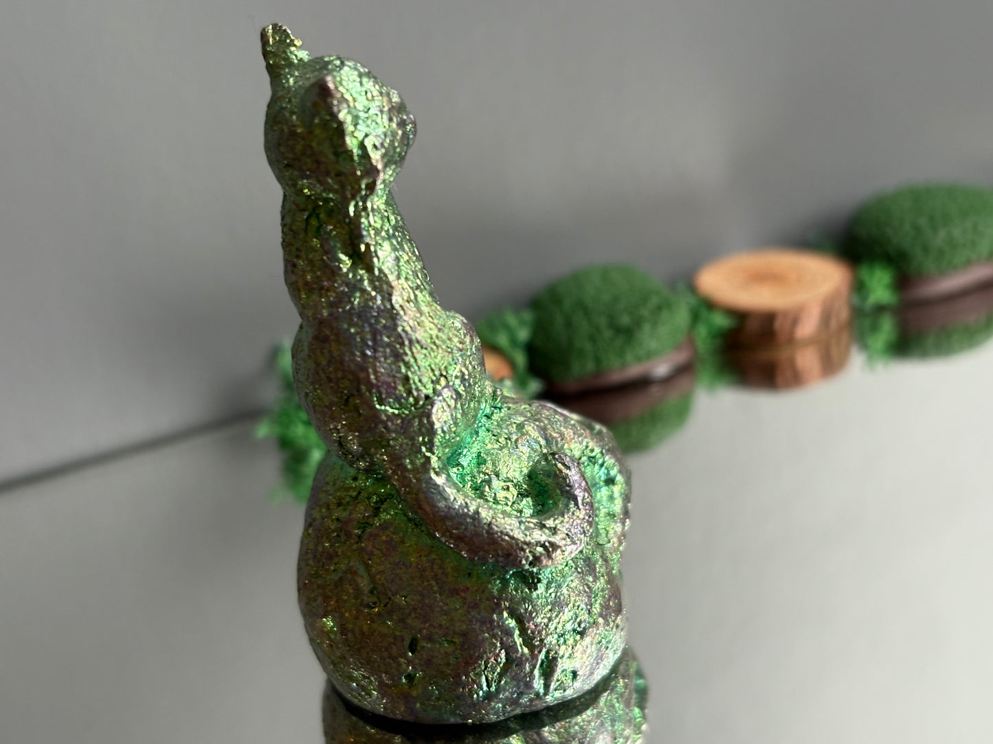 Teal Green Bismuth Crystal Cat on Skull Metal Art Sculpture