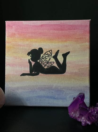 Enchanted Fairy Silhouette Sunset Watercolour Canvas Painting