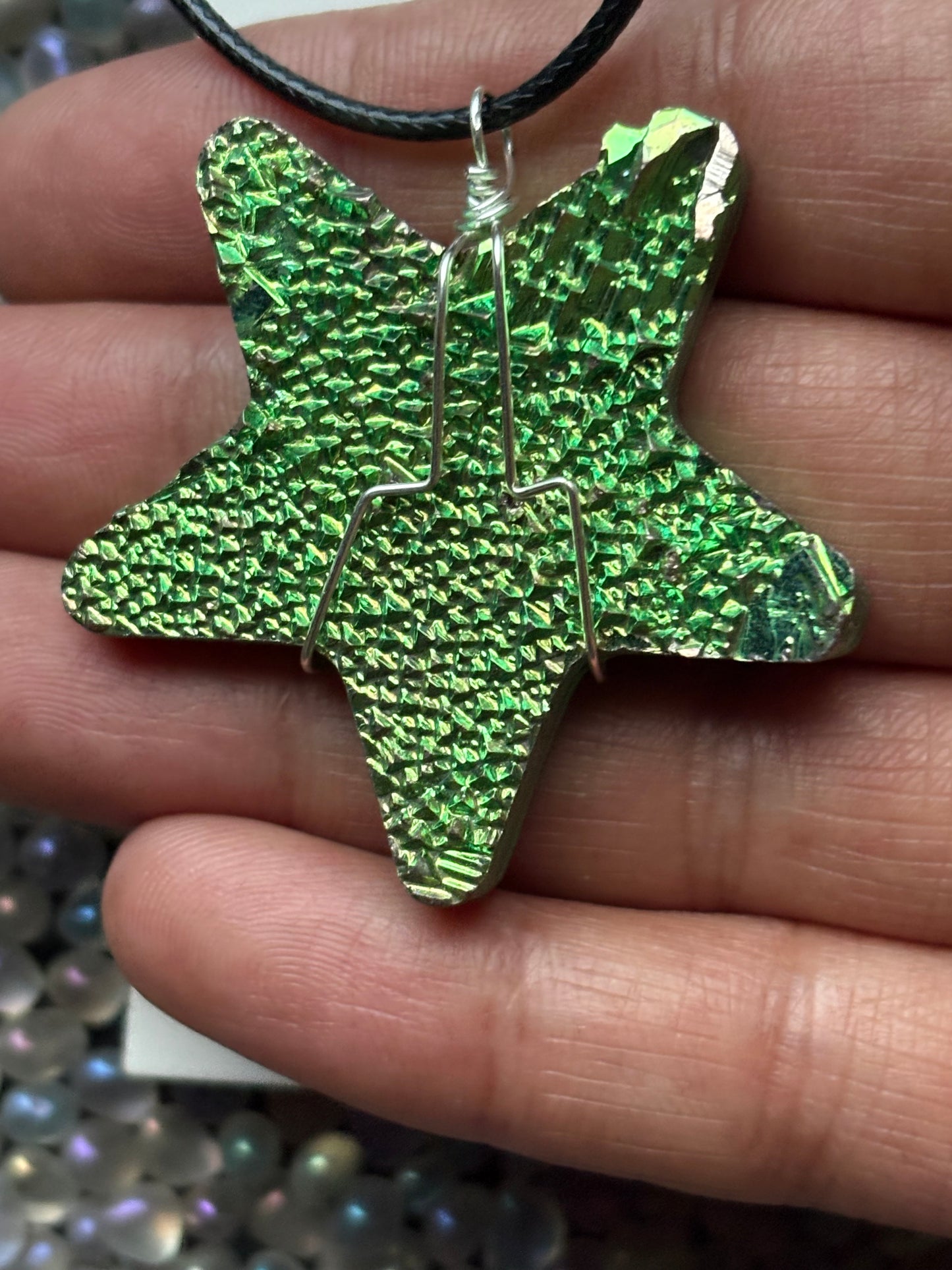 Green Bismuth Star Crystal Cut Out Metal Art Cord Necklace