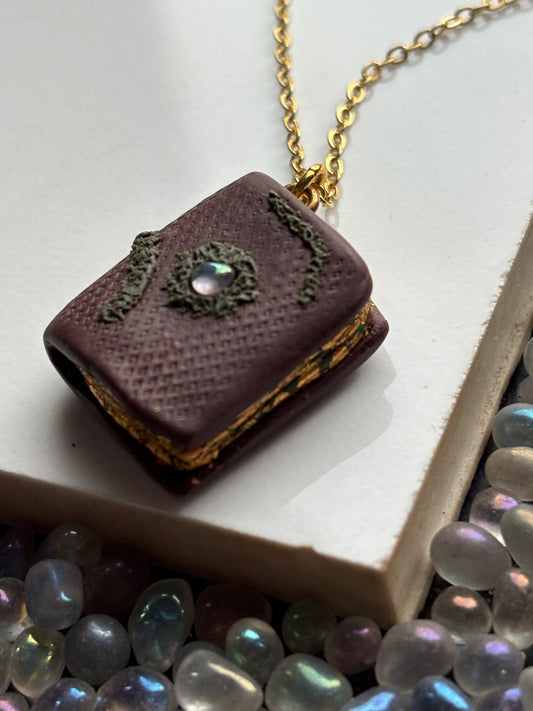 Gold Leaf Aura Quartz Crystal Gemstone Enchanted Book Necklace