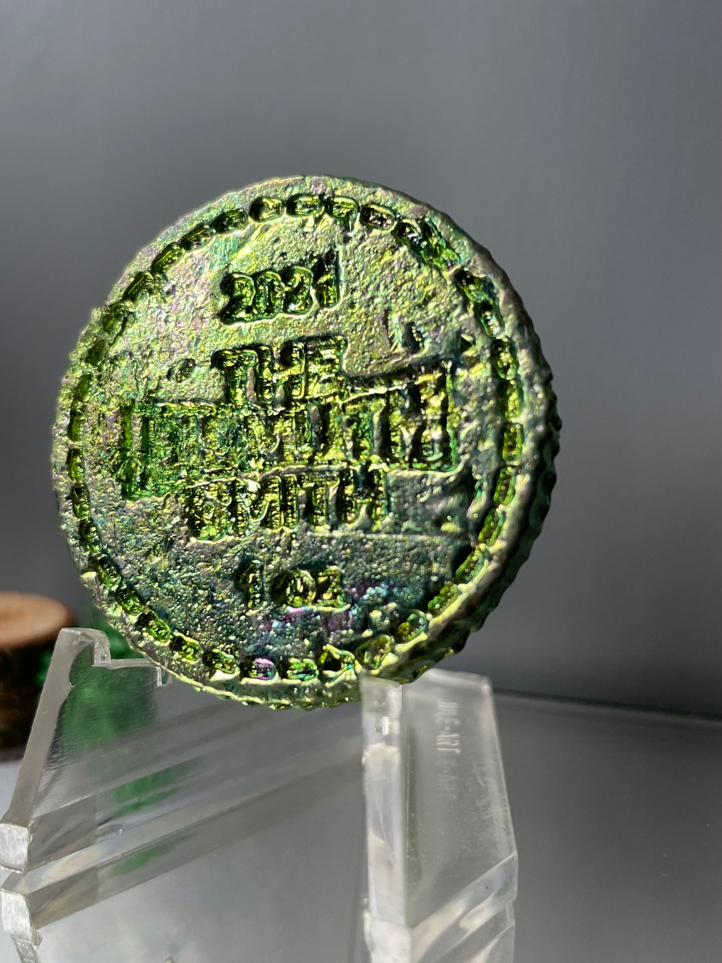 Green Bismuth Crystal Om Coin Metal Art Sculpture