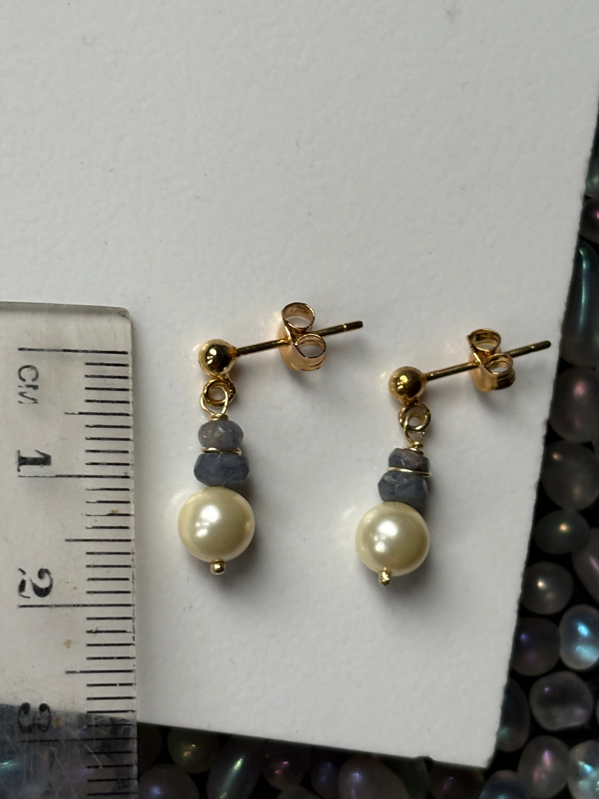 Sapphire & Cream Shell Pearl Crystal Gemstone 18k Gold Sterling Silver Earrings (Certified)
