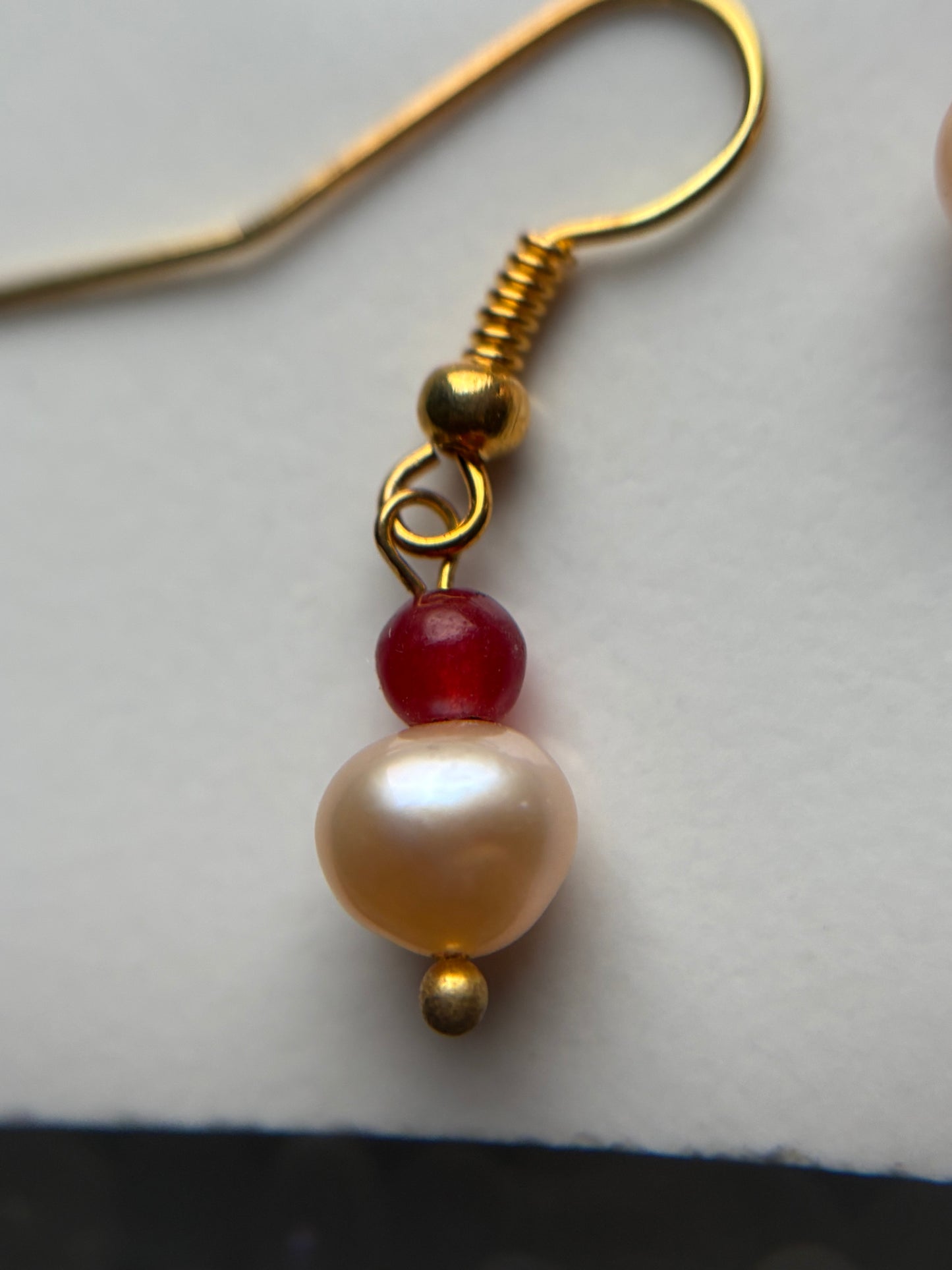 Peach Cultured Pearl & Red Jade Gemstone Crystal Drop Gold Earrings (Certified)