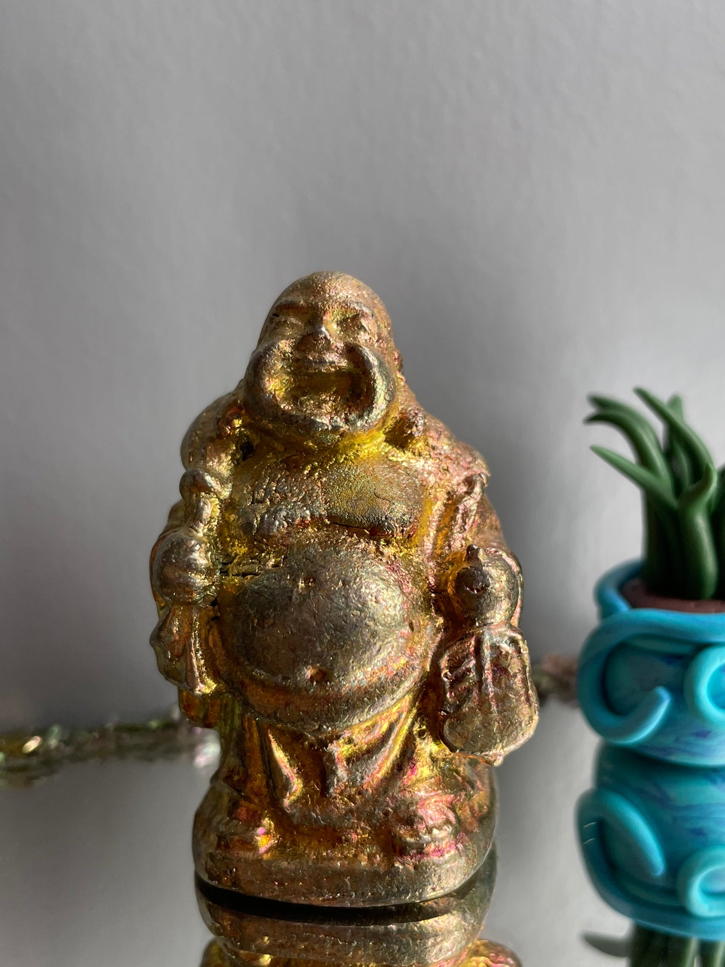 Gold Peach Bismuth Crystal Travelling Buddha Metal Art Sculpture