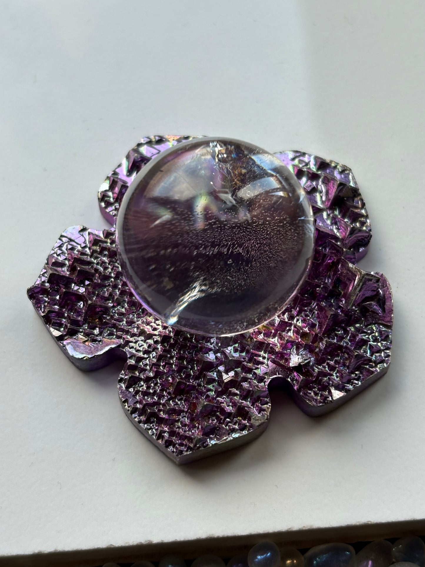 Purple Pink Bismuth Crystal Hippie Flower Slice Cut Out Sphere Holder