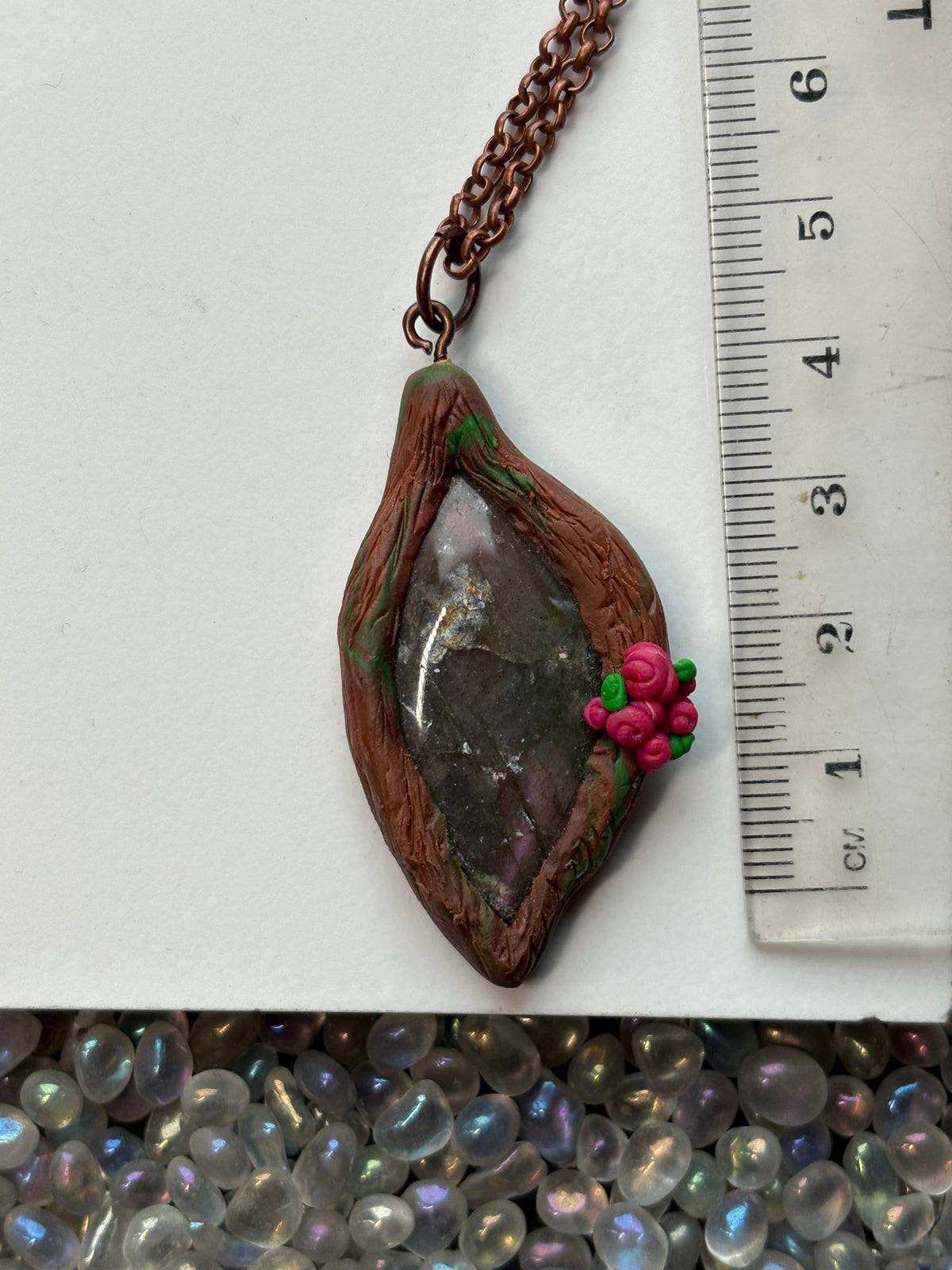 Purple Labradorite Crystal Gemstone Enchanted Rose Forest Clay Pendant Necklace