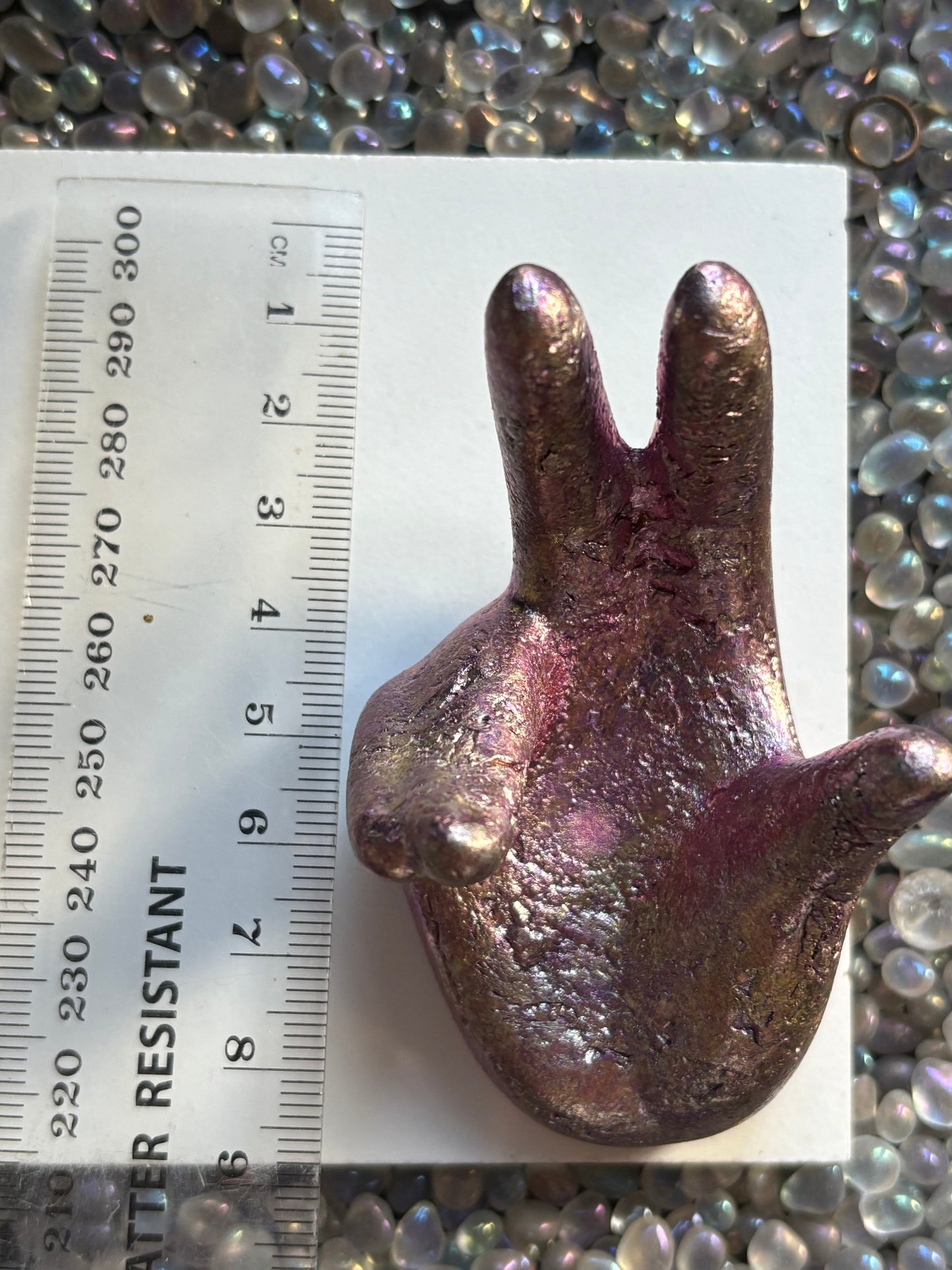 Pink Bismuth Crystal Hand Sphere Holder Metal Art Sculpture