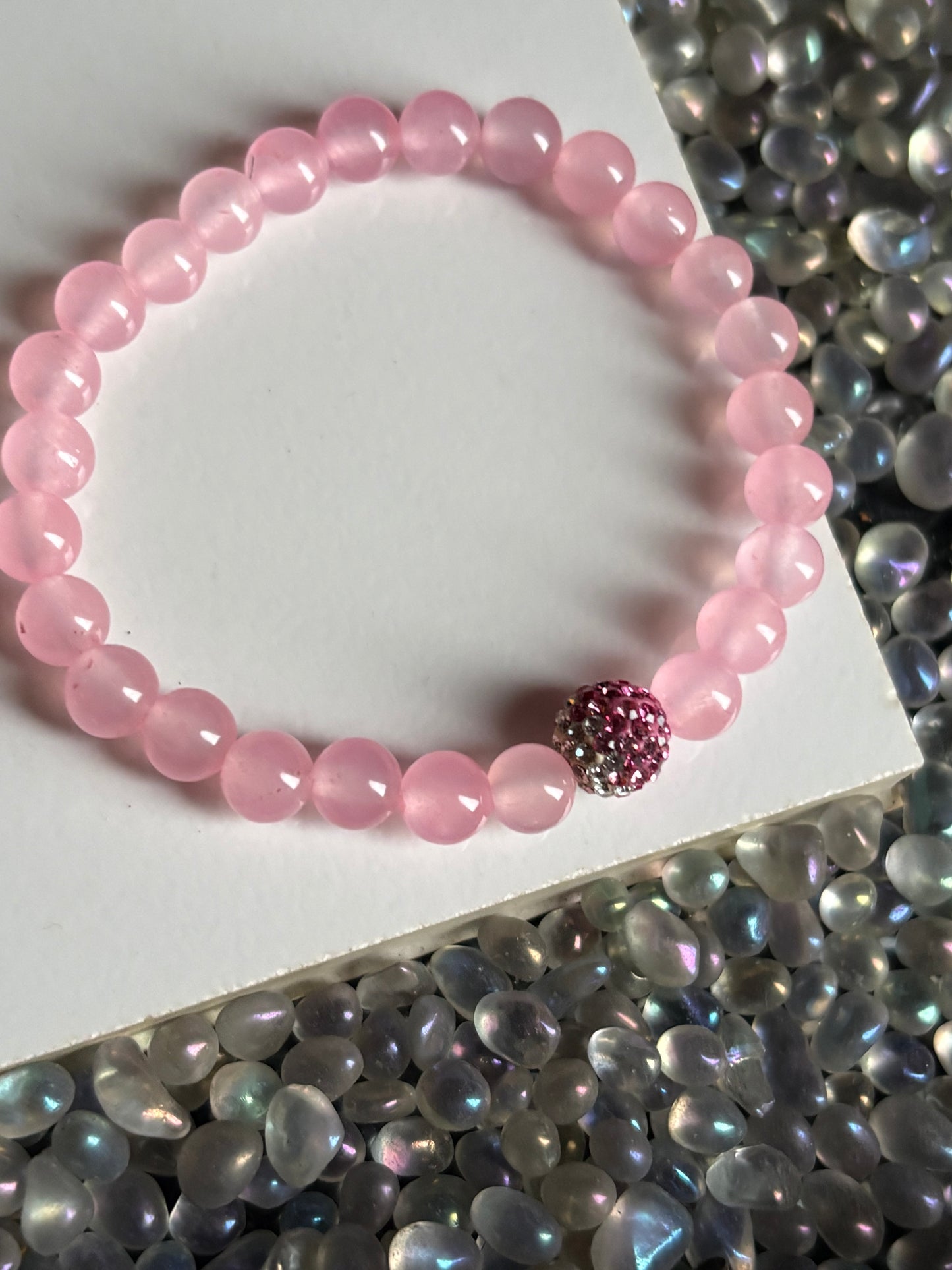 Rose Quartz Crystal Pave Centre Gemstone Stretch Bracelet