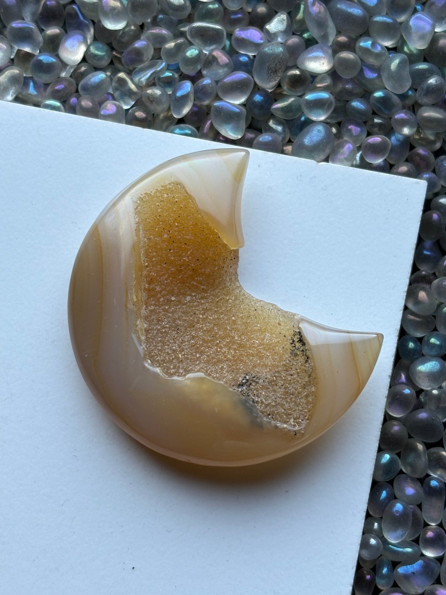 Cream Yellow Druzy Agate Gemstone Crystal Crescent Moon Carving
