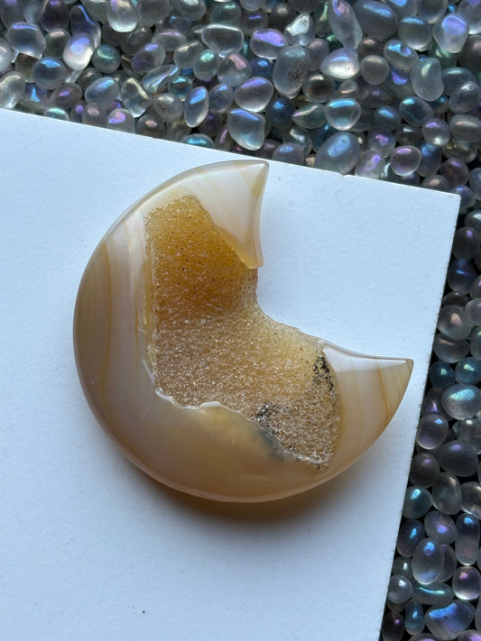 Cream Yellow Druzy Agate Gemstone Crystal Crescent Moon Carving