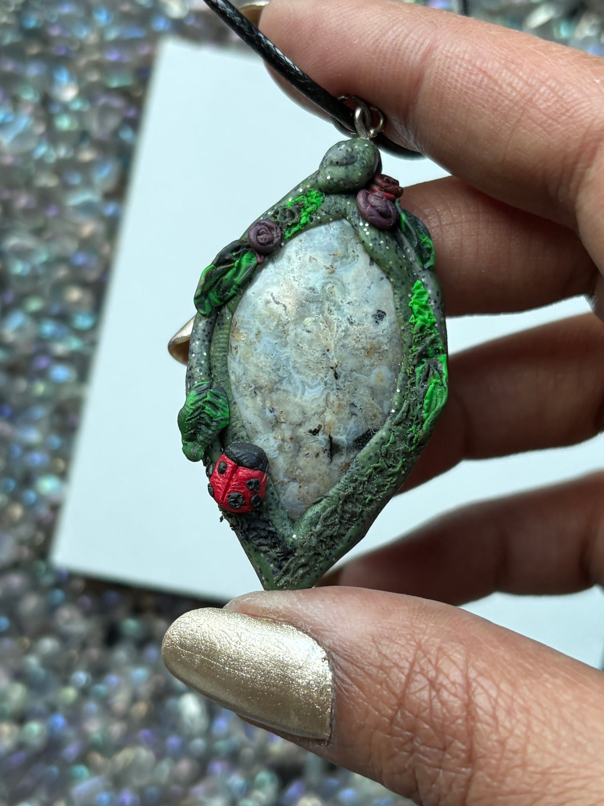 Ocean Jasper Gemstone Crystal Enchanted Garden - Ladybug Necklace - Oval