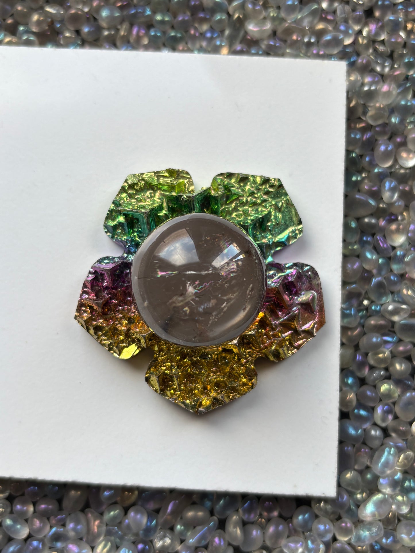 Rainbow Bismuth Crystal Hippie Flower Slice Cut Out Sphere Holder
