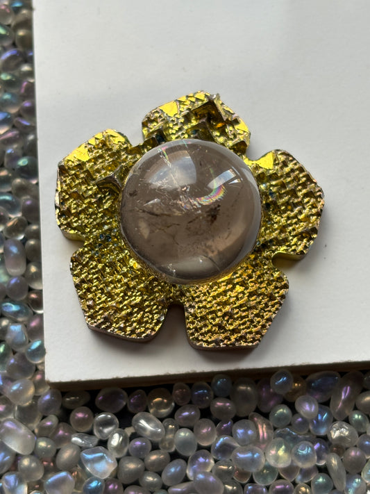 Gold Bismuth Crystal Hippie Flower Slice Cut Out Sphere Holder