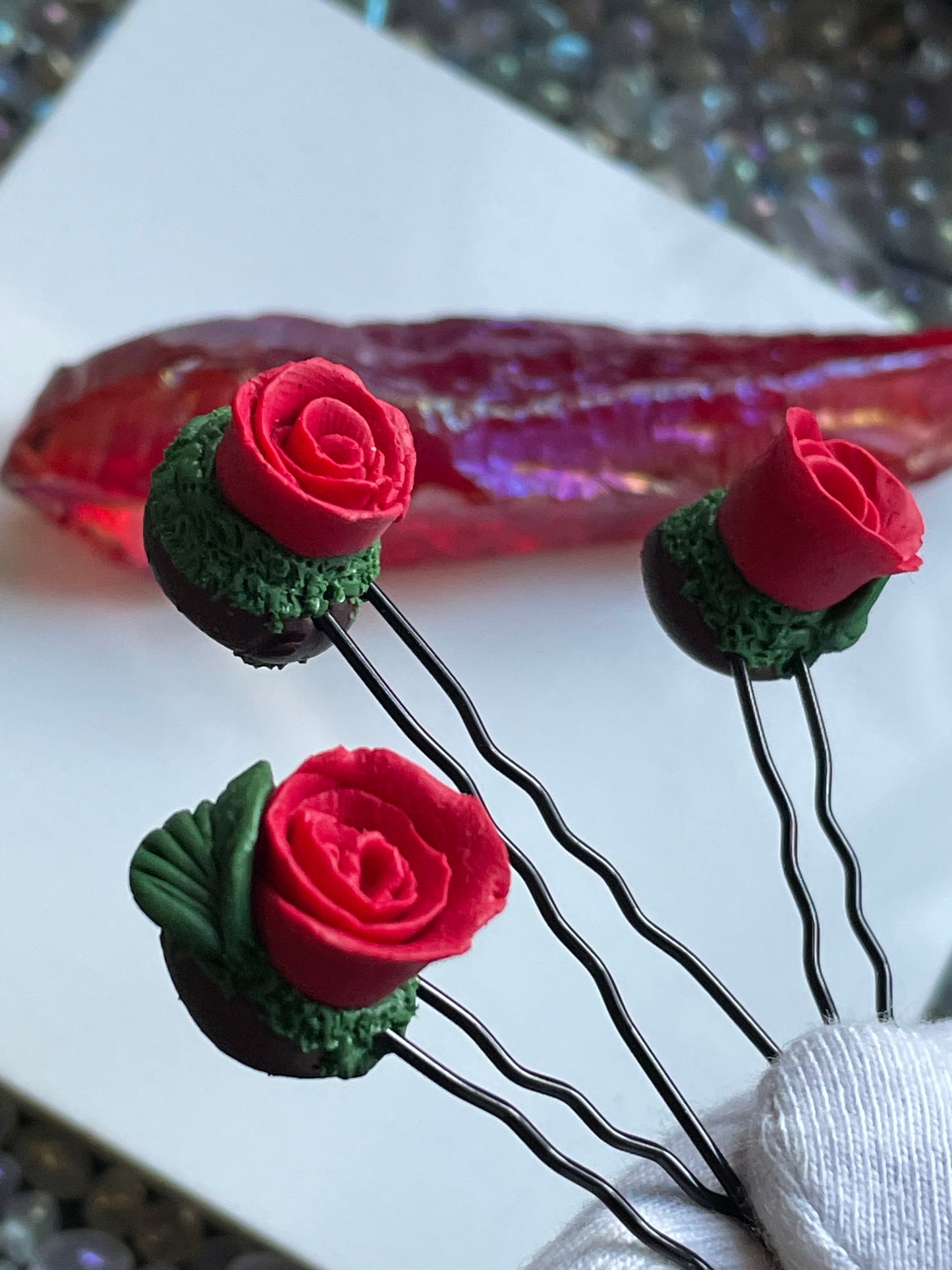 Enchanted Forest Rose Hair Pin Set - Red Glitter