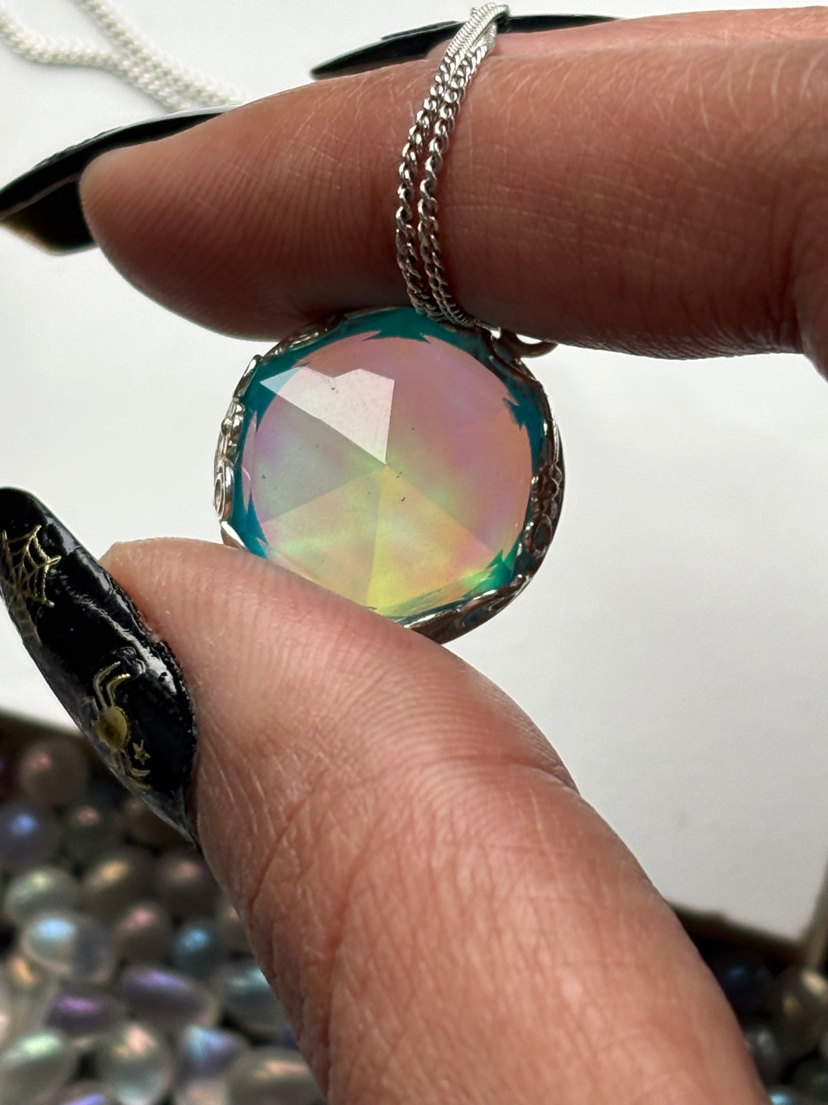 Aurora Opal Doublet Crystal Gemstone Hexagonal Leaf Bezel 925 Sterling Silver Necklace