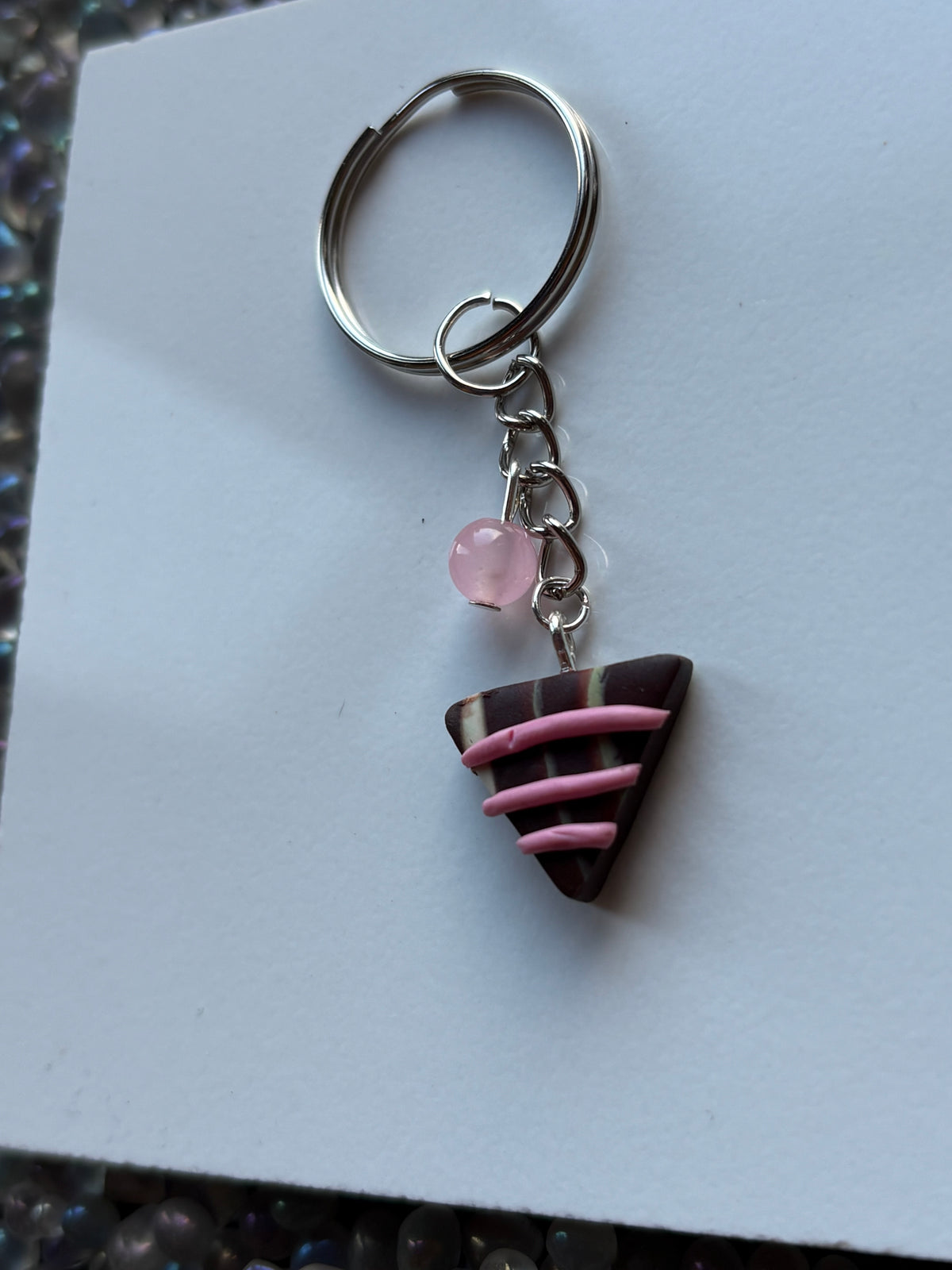Chocolate Candy Triangle Clay & Pink Quartz Crystal Gemstone Keychain