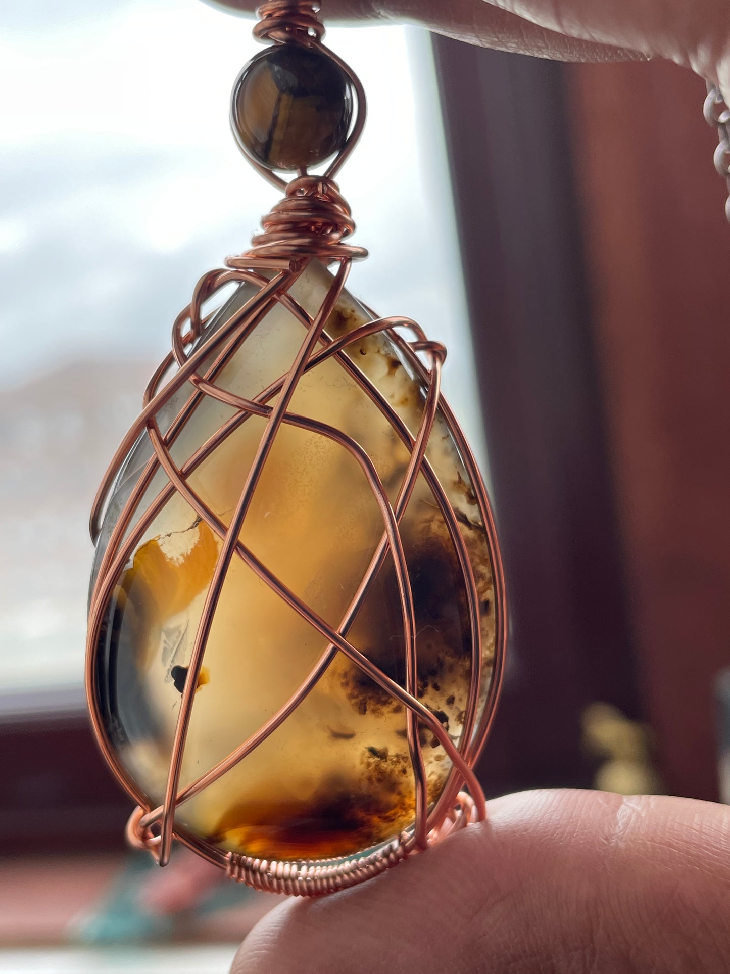 Dendritic Agate & Tigers Eye Crystal Gemstone Wire Wrapped Necklace