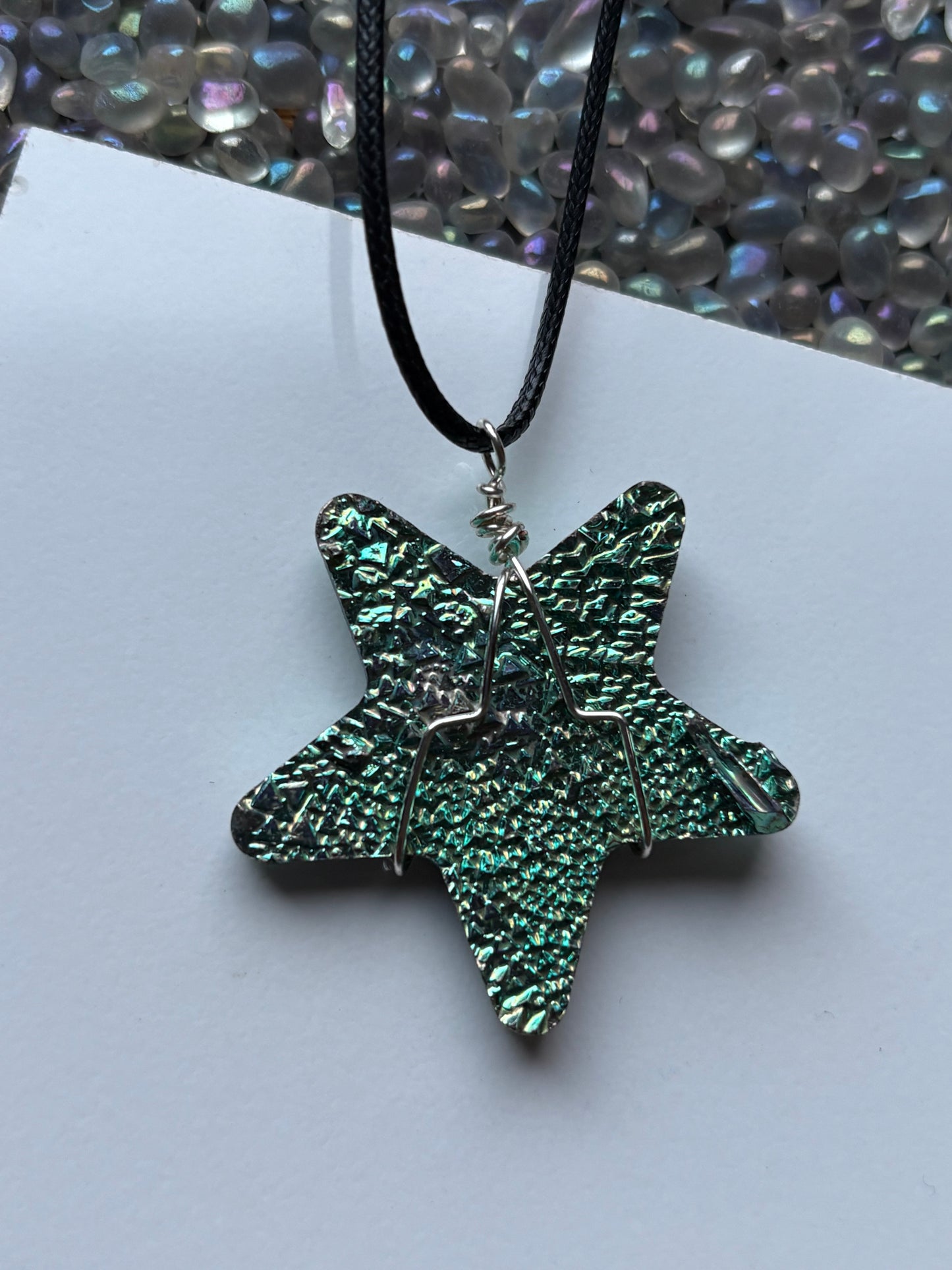 Teal Bismuth Crystal Star Cut Out Metal Art Cord Necklace
