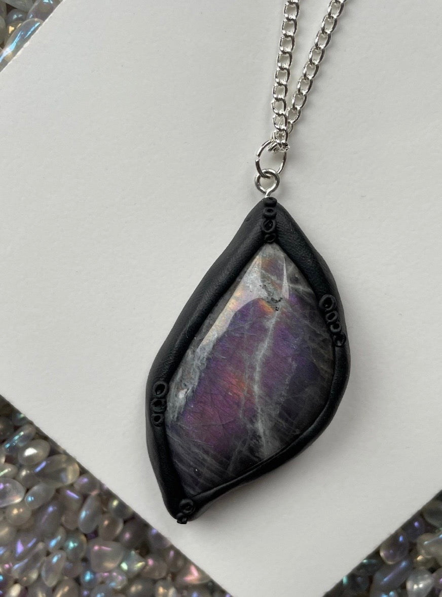 Ursula Black Clay - Purple Orange Labradorite Crystal Gemstone Pendant Necklace
