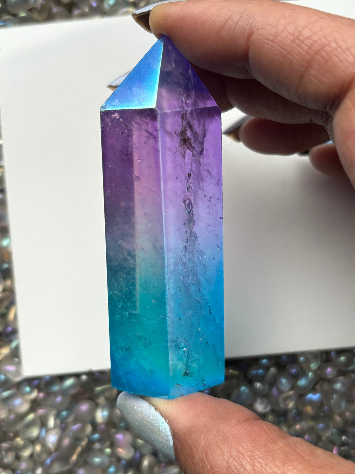 Purple & Aqua Blue Hybrid Aura Quartz Crystal Gemstone Tower Point (2)
