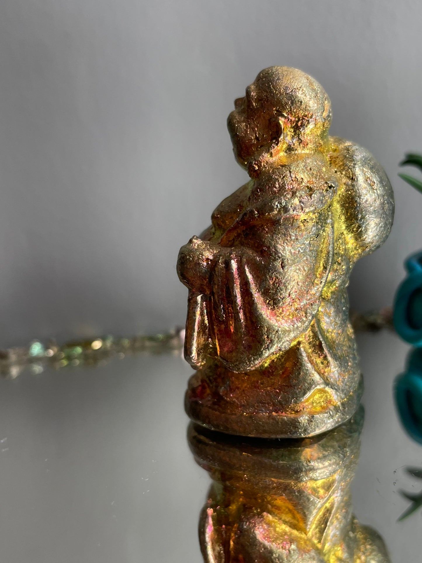 Gold Peach Bismuth Crystal Travelling Buddha Metal Art Sculpture