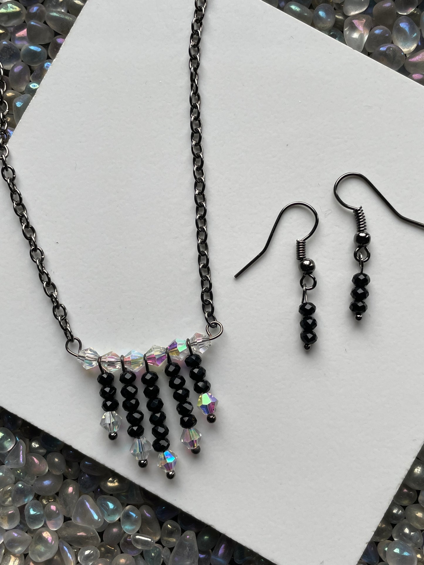 Black Spinel Gemstone & AB Swarovski Crystal Waterfall Necklace Set