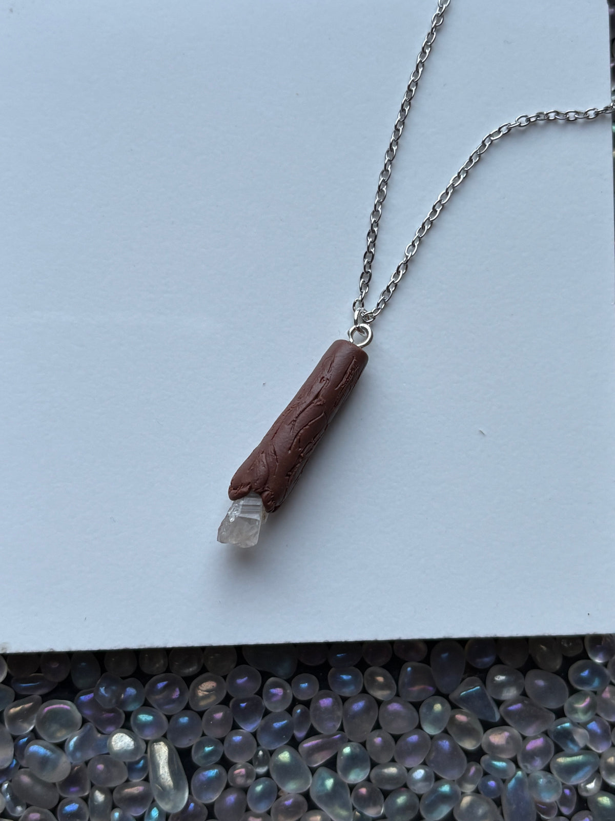 Scottish Quartz Crystal Gemstone Clay Wooden Wand Necklace (1)