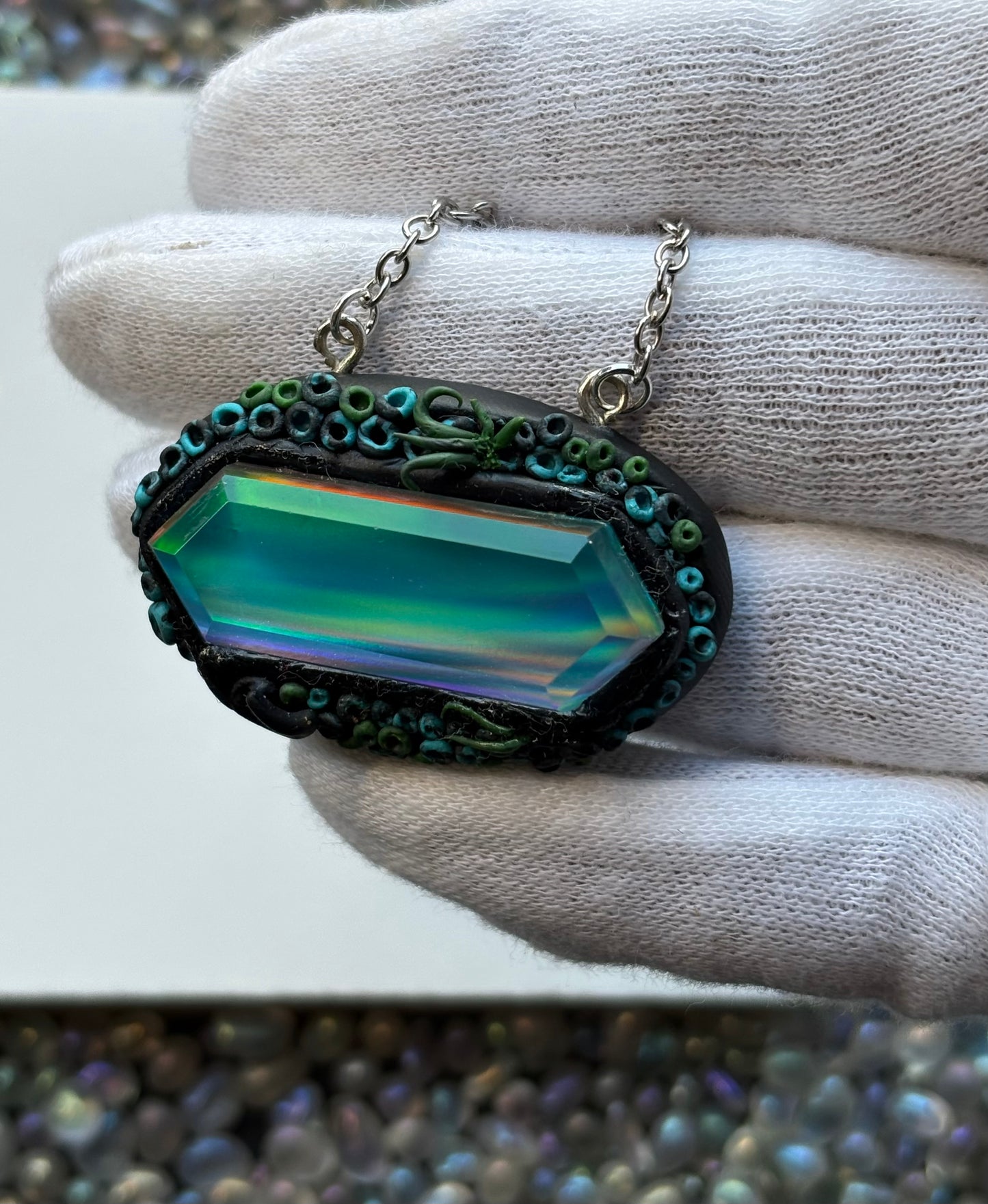 Elongated Aurora Opal Doublet Crystal Gemstone - Dark Coral Necklace