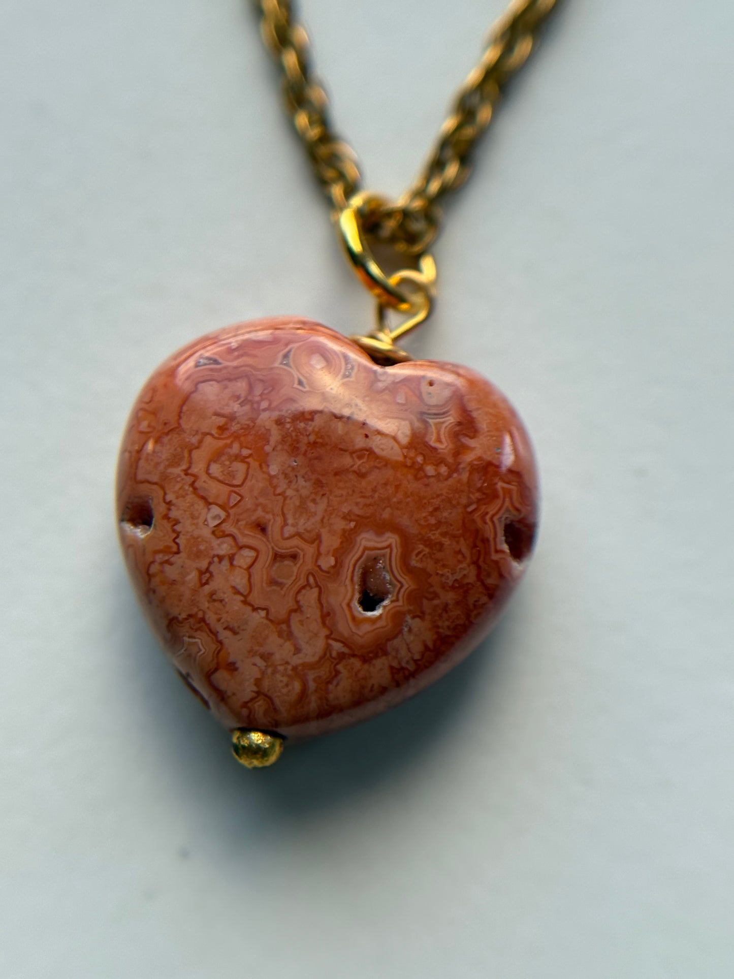 Orange Agate Druzy Coral Fossil Crystal Gemstone Heart Carving Necklace