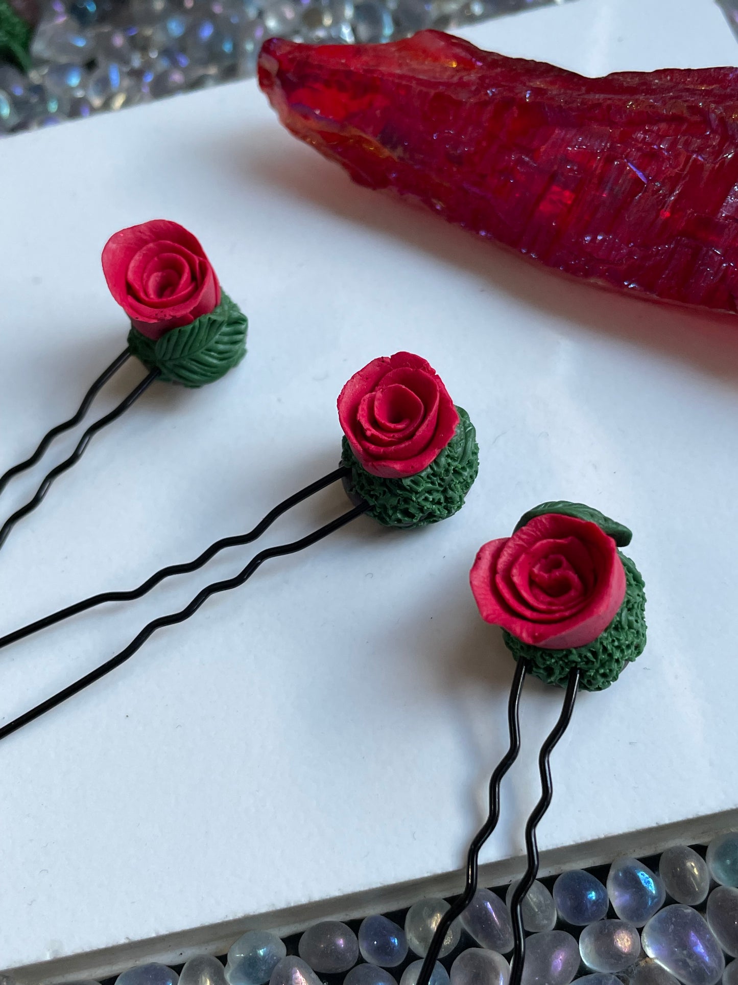 Enchanted Forest Rose Hair Pin Set - Red Glitter