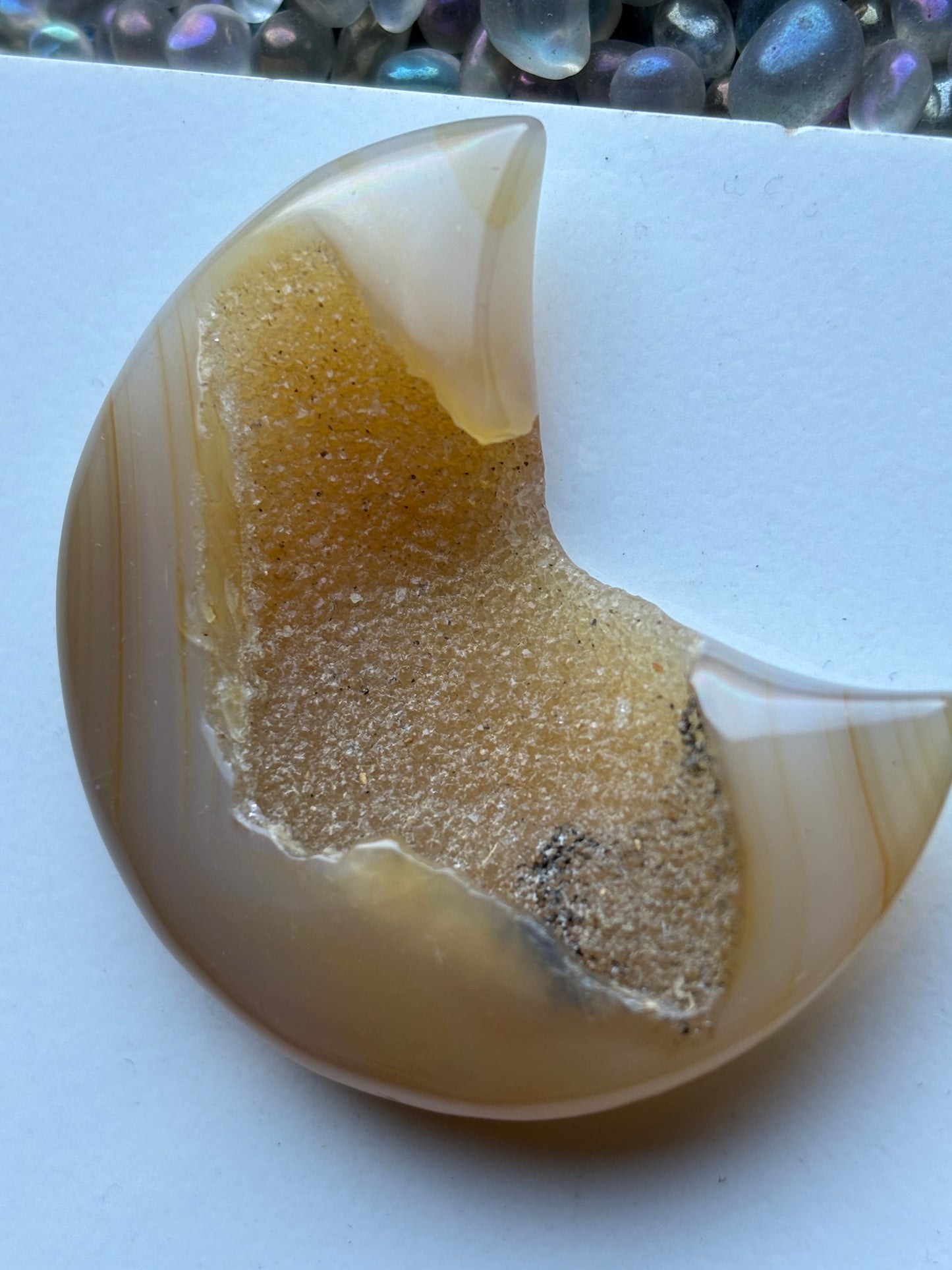 Cream Yellow Druzy Agate Gemstone Crystal Crescent Moon Carving