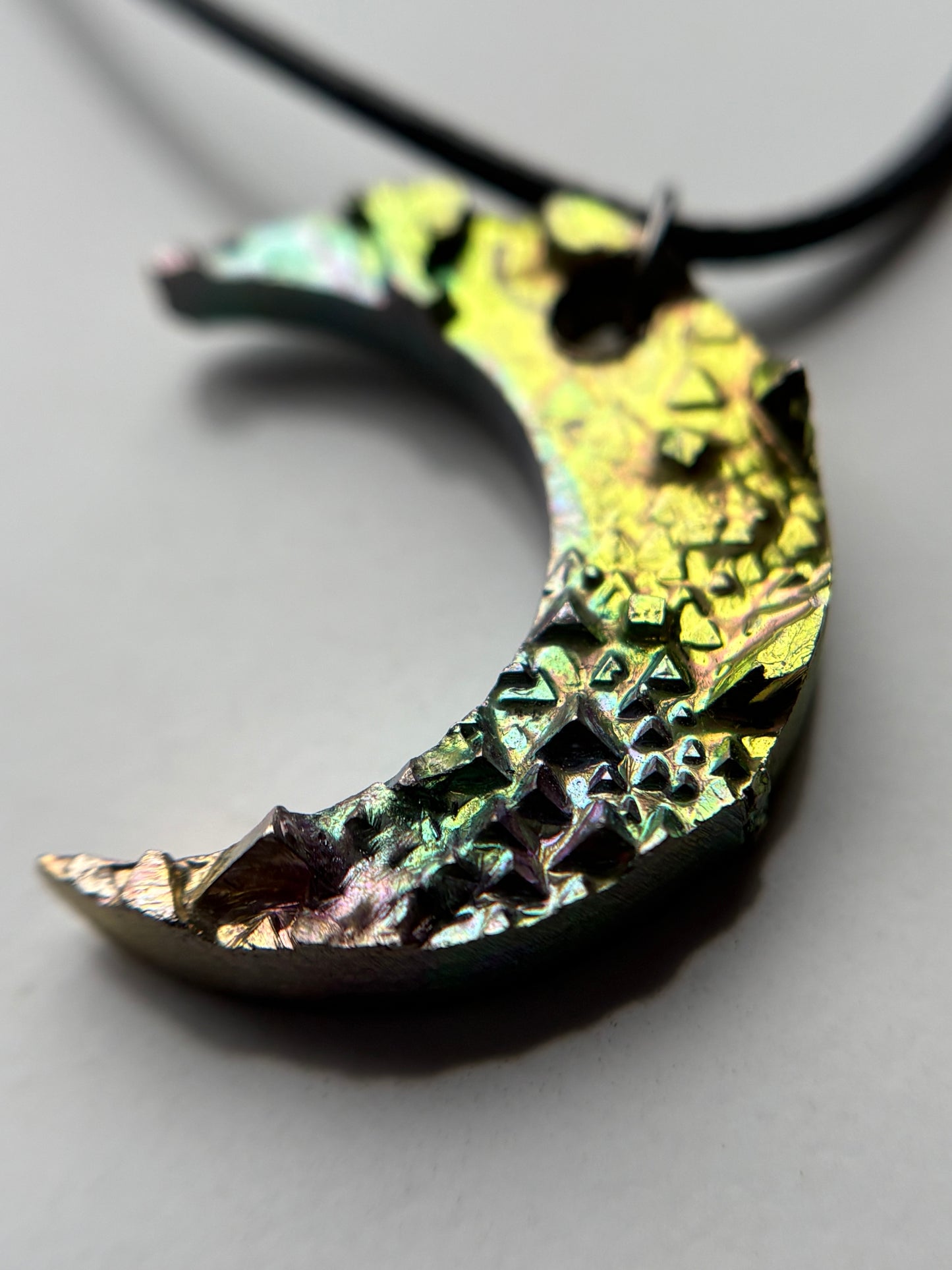 Rainbow Bismuth Crystal Moon Cut Out Metal Art Silver Drilled Necklace