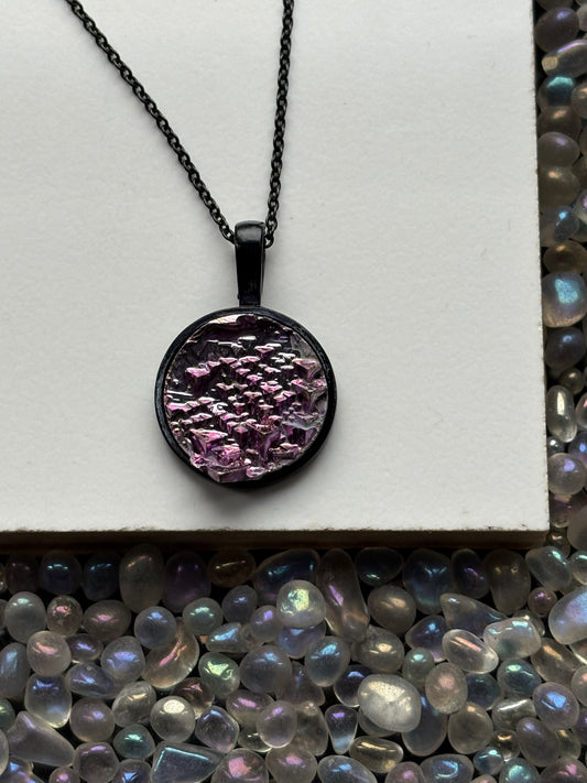 Pink Bismuth Crystal Metal Art Cord Necklace MINI CIRCLE