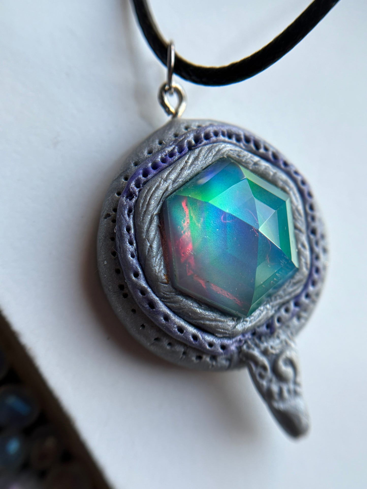 Aurora Opal Doublet Crystal Gemstone - Silver Lilac Hexagonal Dome - Necklace