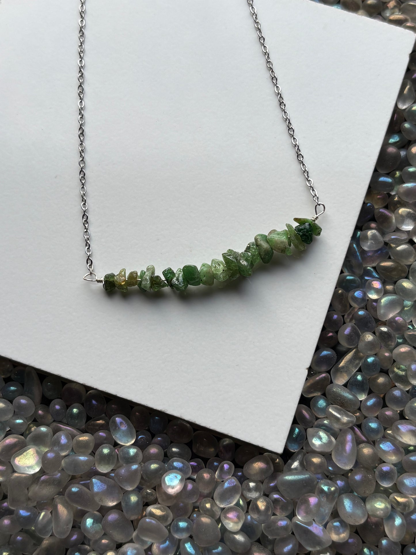 Tsavorite Green Garnet Rough Crystal Gemstone Chip Bar Necklace (Certified)