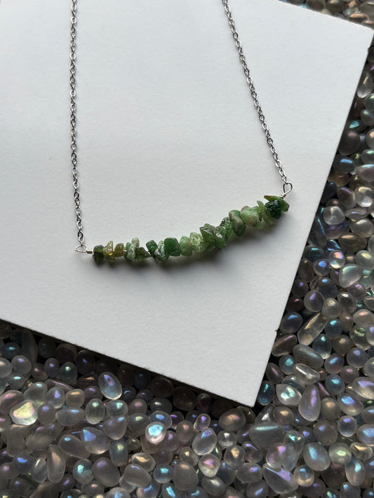 Tsavorite Green Garnet Rough Crystal Gemstone Chip Bar Necklace (Certified)
