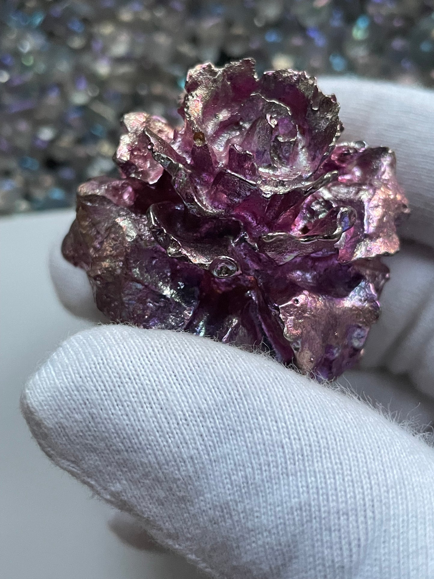 Pink Bismuth Crystal Small Rose Flower Metal Art Sculpture
