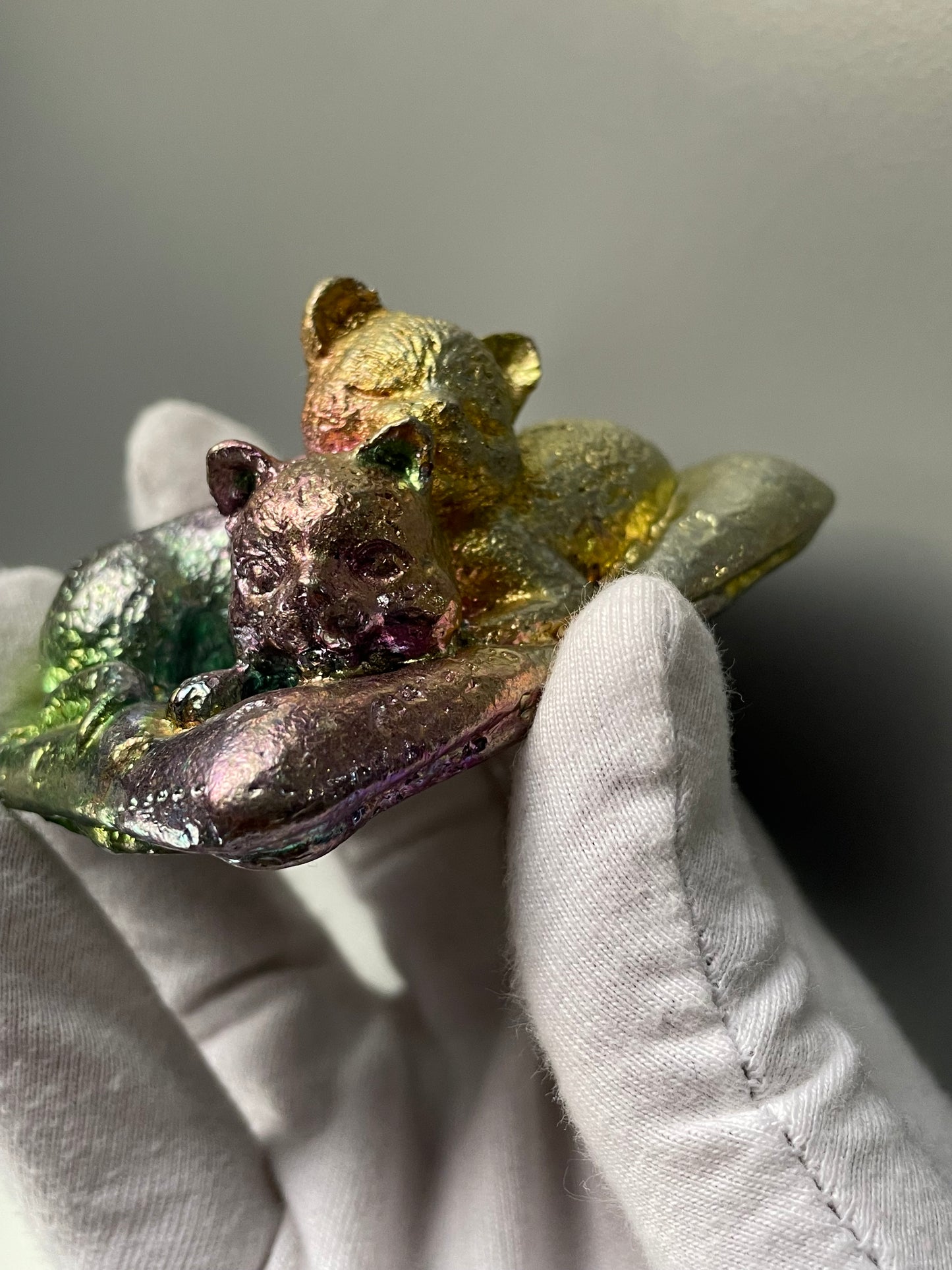 Rainbow Bismuth Crystal Sleeping Cats Metal Art Sculpture